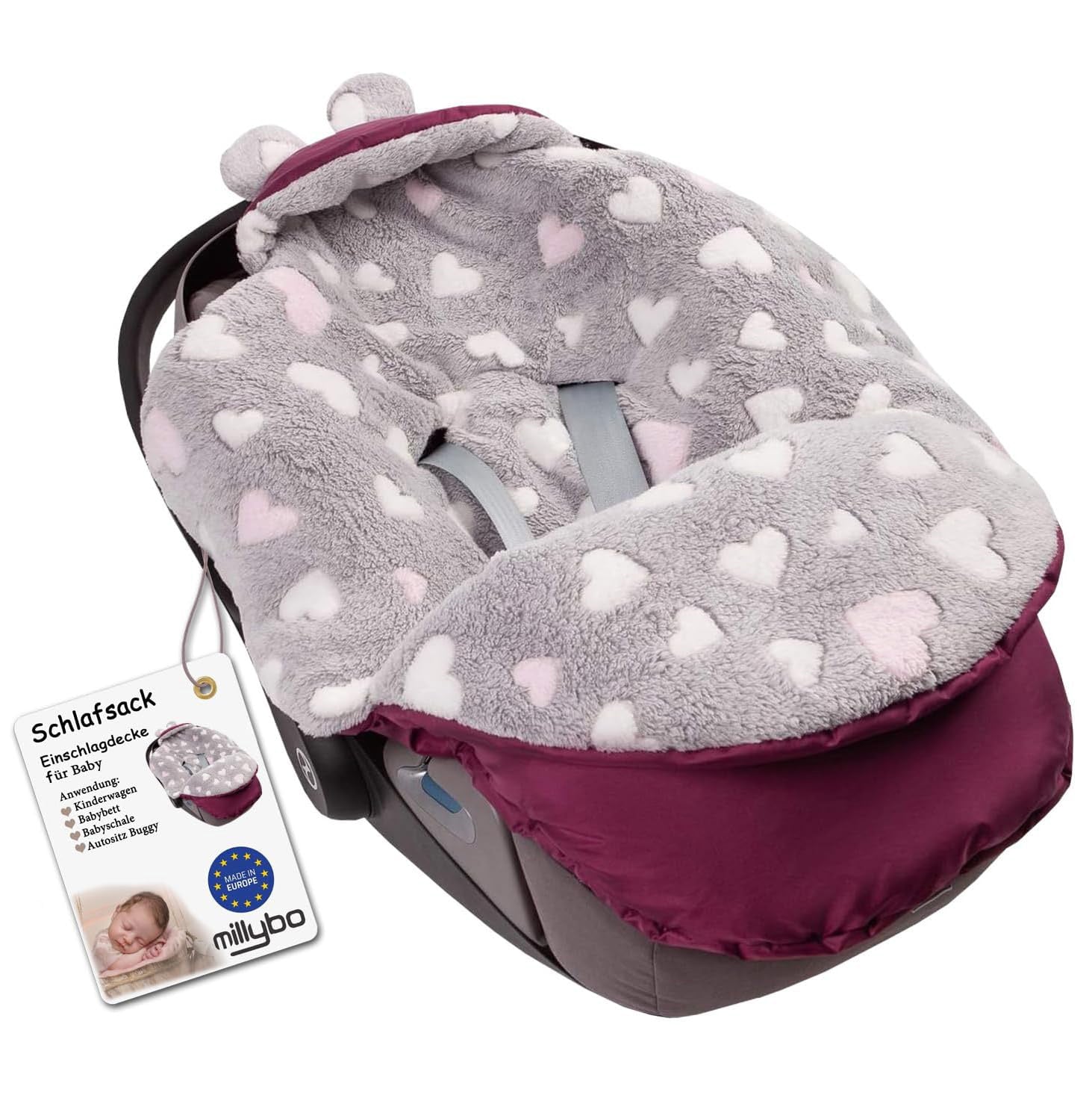 MILLYBO Baby Fußsack – Winter Einschlagdecke für Kinderwagen & Autositz - Winerot mit Herzen