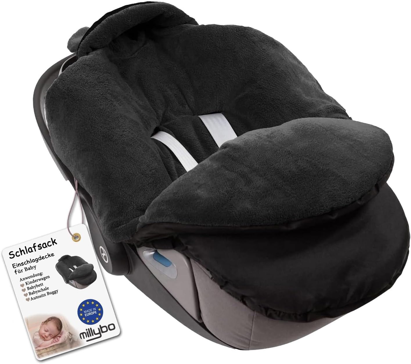 MILLYBO Baby Fußsack – Winter Einschlagdecke für Kinderwagen & Autositz - Schwarz