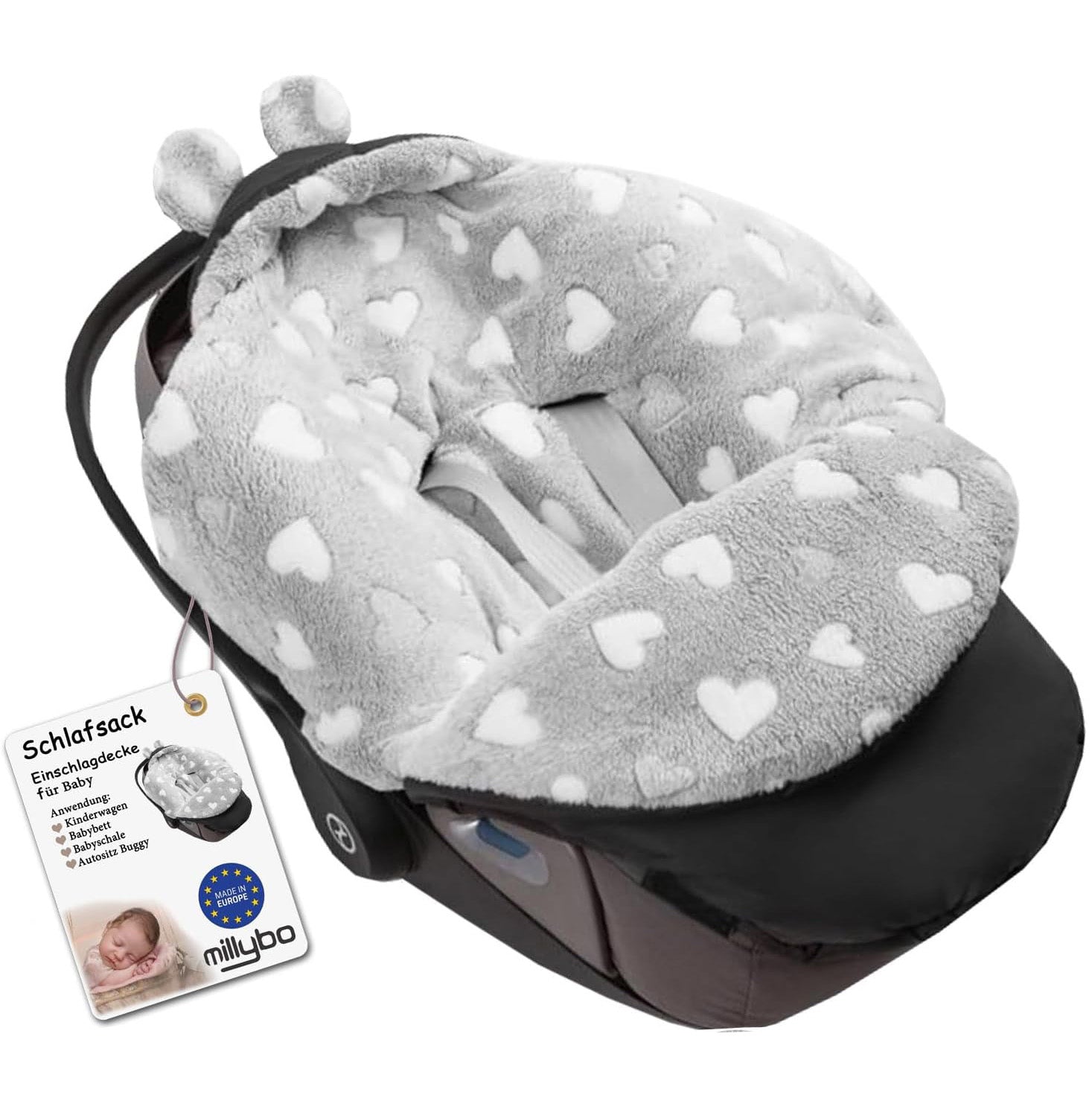 MILLYBO Baby Fußsack – Winter Einschlagdecke für Kinderwagen & Autositz - Schwarz mit Weißen Herzen