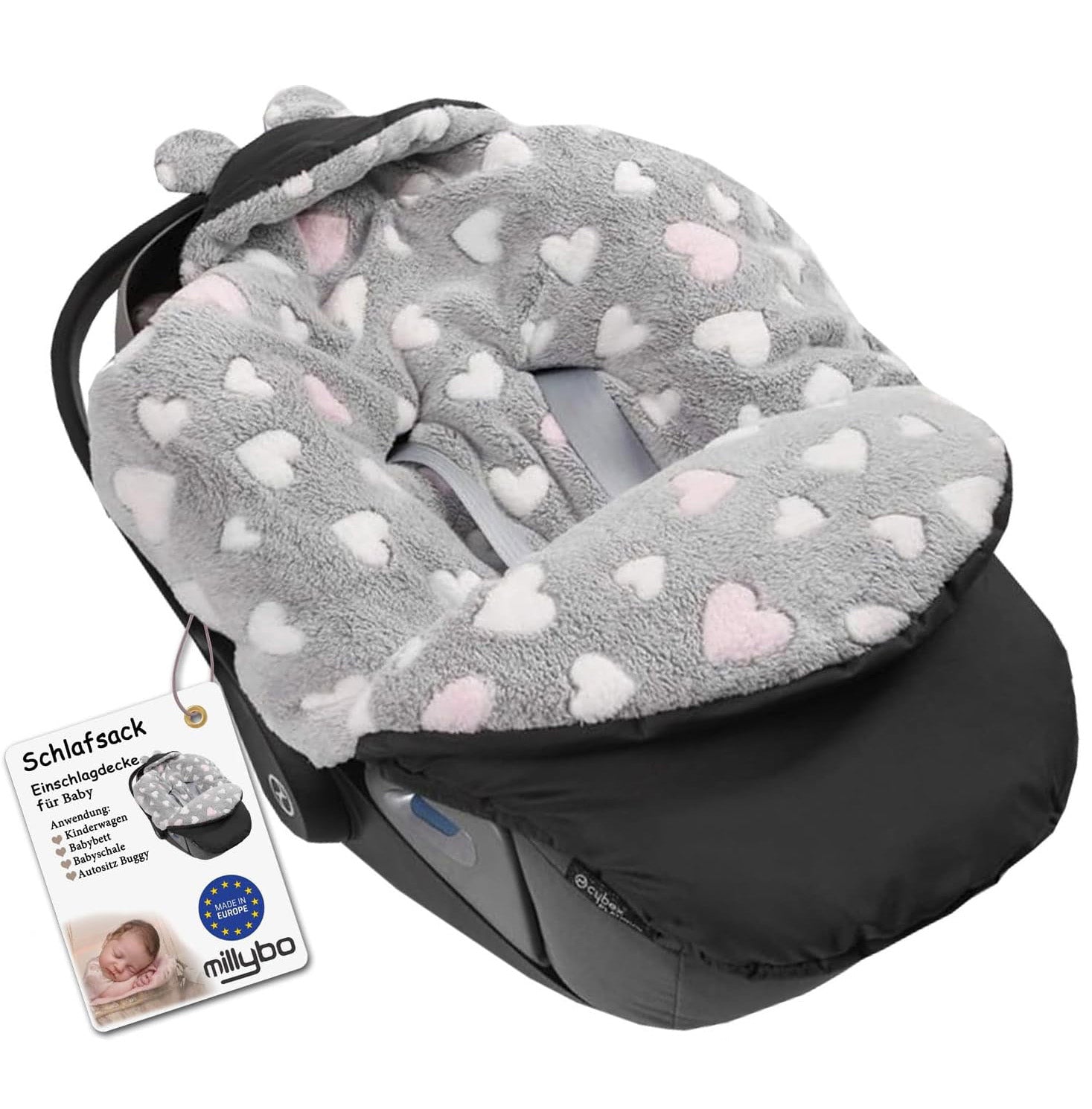 MILLYBO Baby Fußsack – Winter Einschlagdecke für Kinderwagen & Autositz - Schwarz mit Rosa Herzen