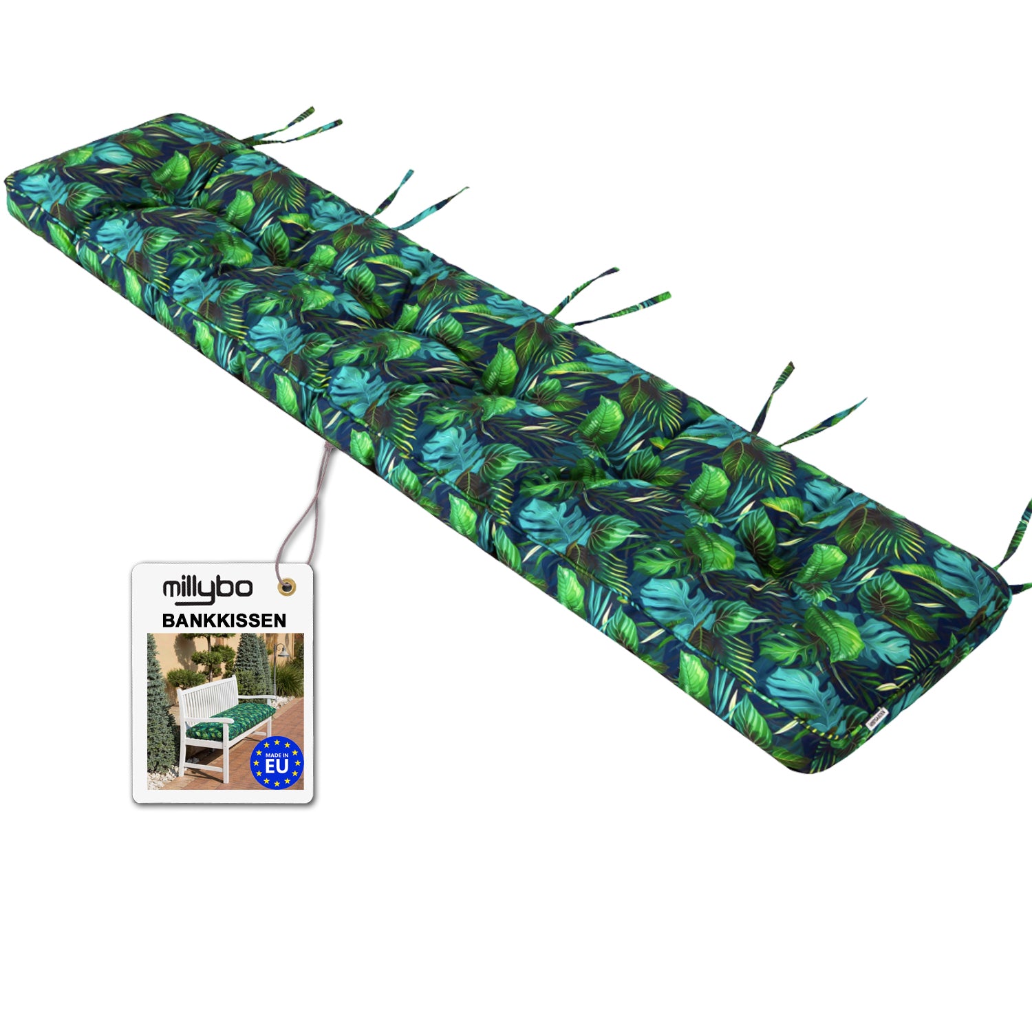 MILLYBO Bankkissen 40 cm ETNA – Gartenbank Auflage  Bankpolster für Gartenmöbel & Schaukel (120/150/180 cm) - Blaues Blätter