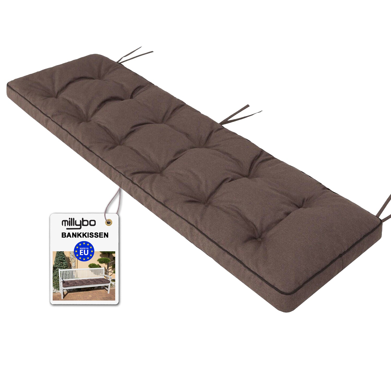 MILLYBO Bankkissen 50 cm ETNA – Gartenbank Auflage  Bankpolster für Gartenmöbel & Schaukel (120/150/180 cm) - Braun Ökolein