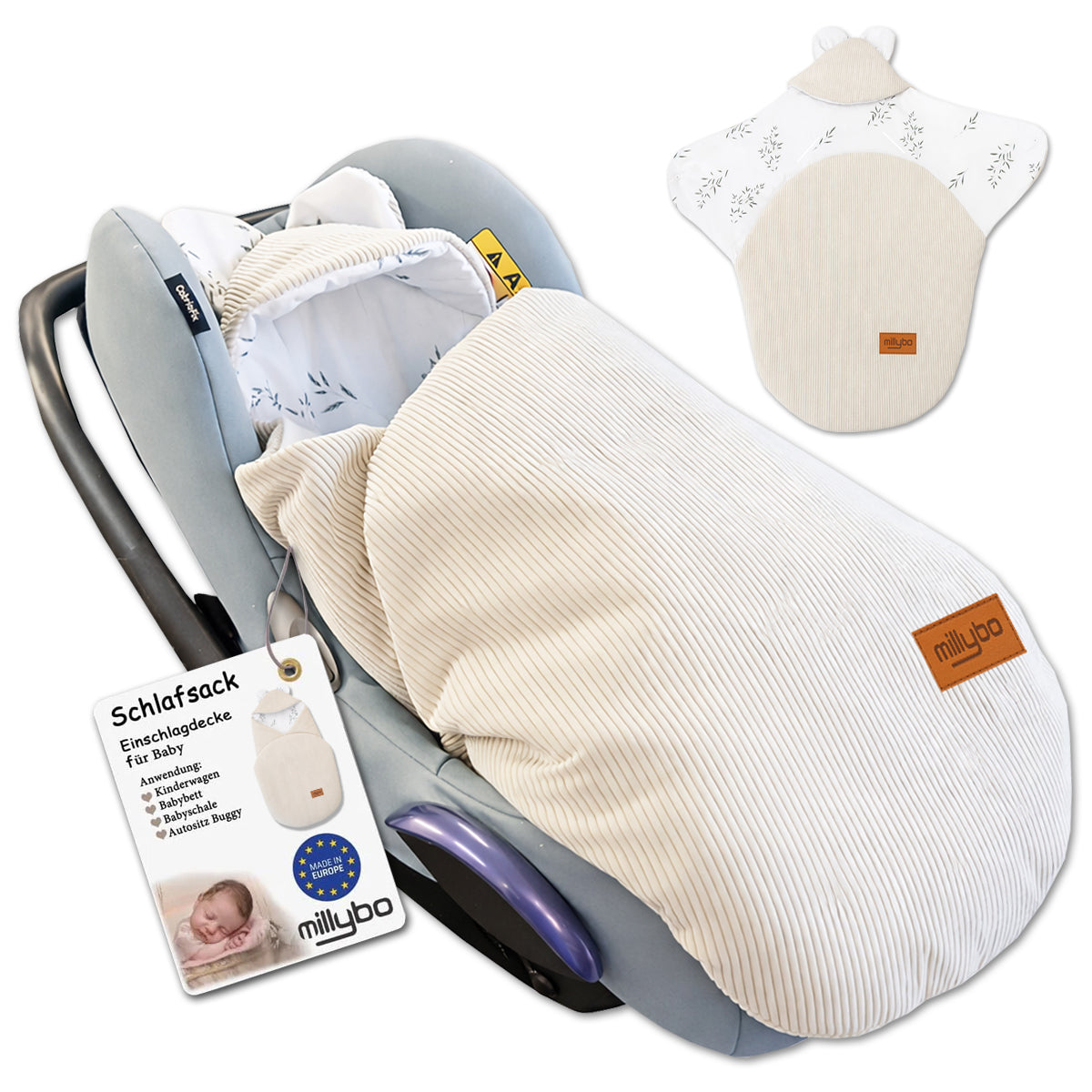 MILLYBO Baby Fußsack Einschlagdecke – Für Babyschale & Kinderwagen - Beige Cord