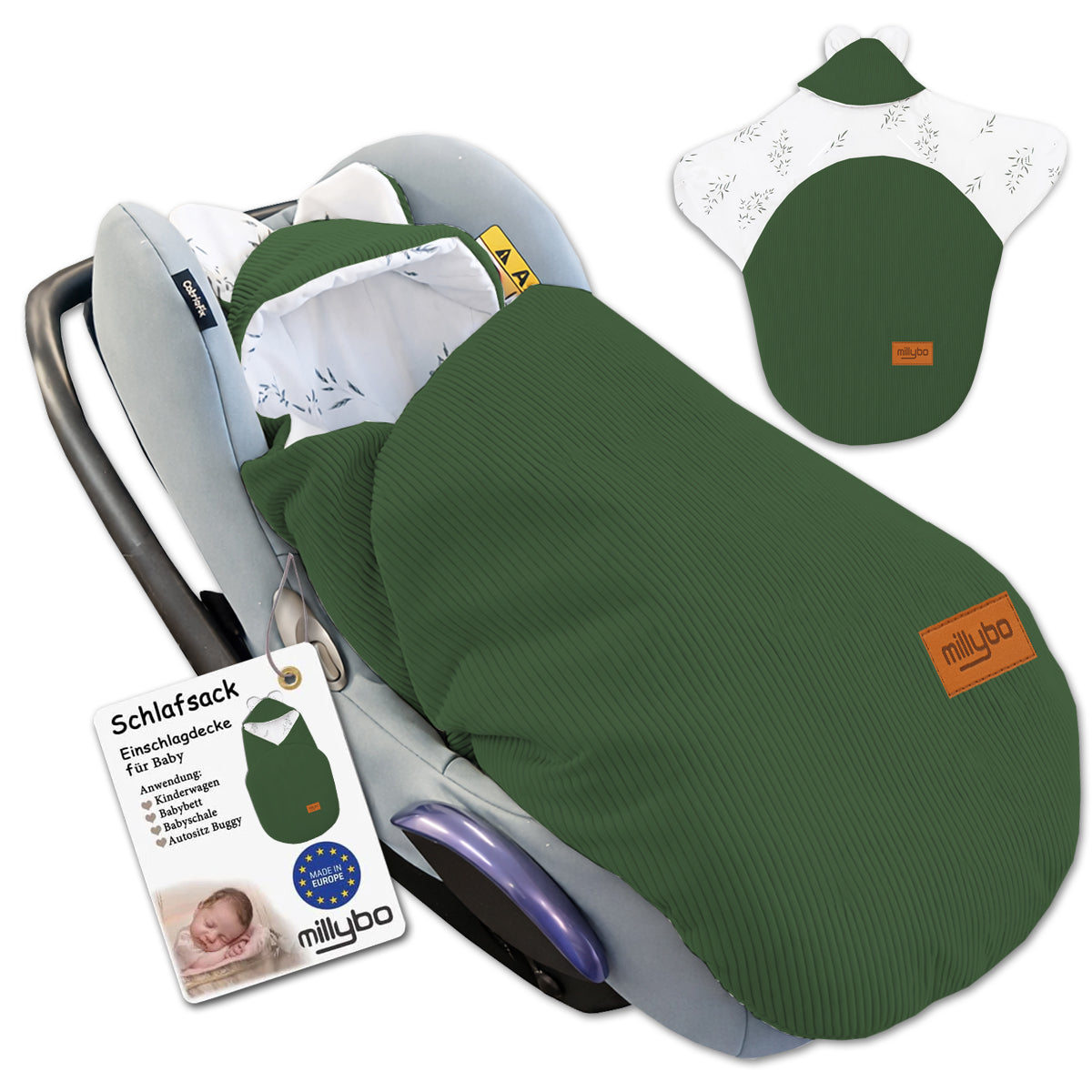 MILLYBO Baby Fußsack Einschlagdecke – Für Babyschale & Kinderwagen - Grün Cord