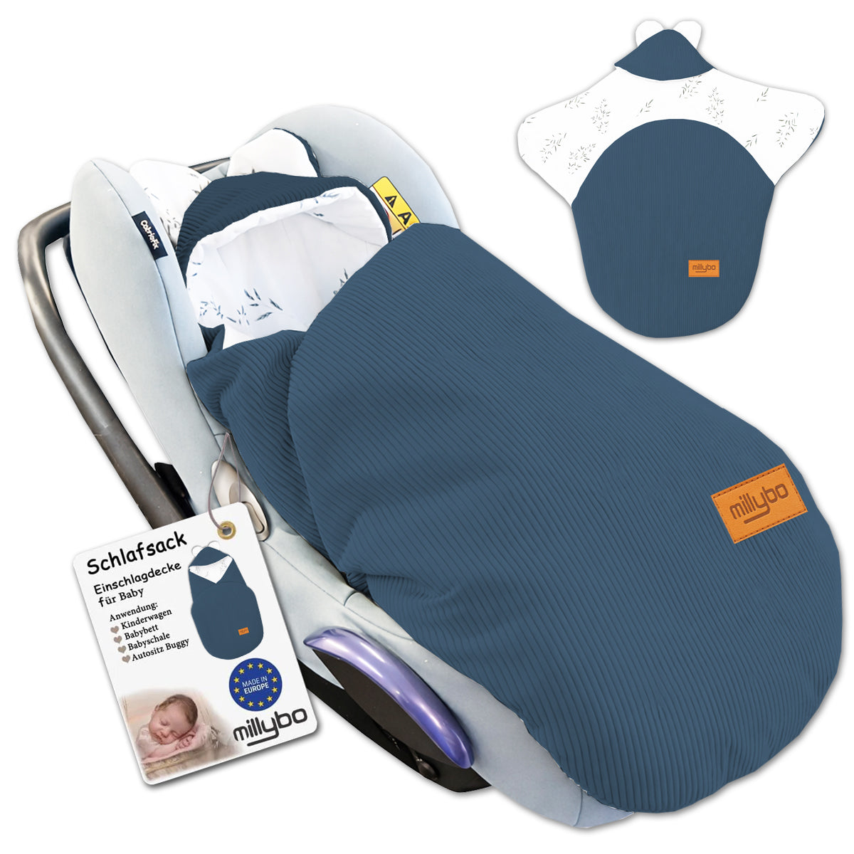 MILLYBO Baby Fußsack Einschlagdecke – Für Babyschale & Kinderwagen - Blau Cord