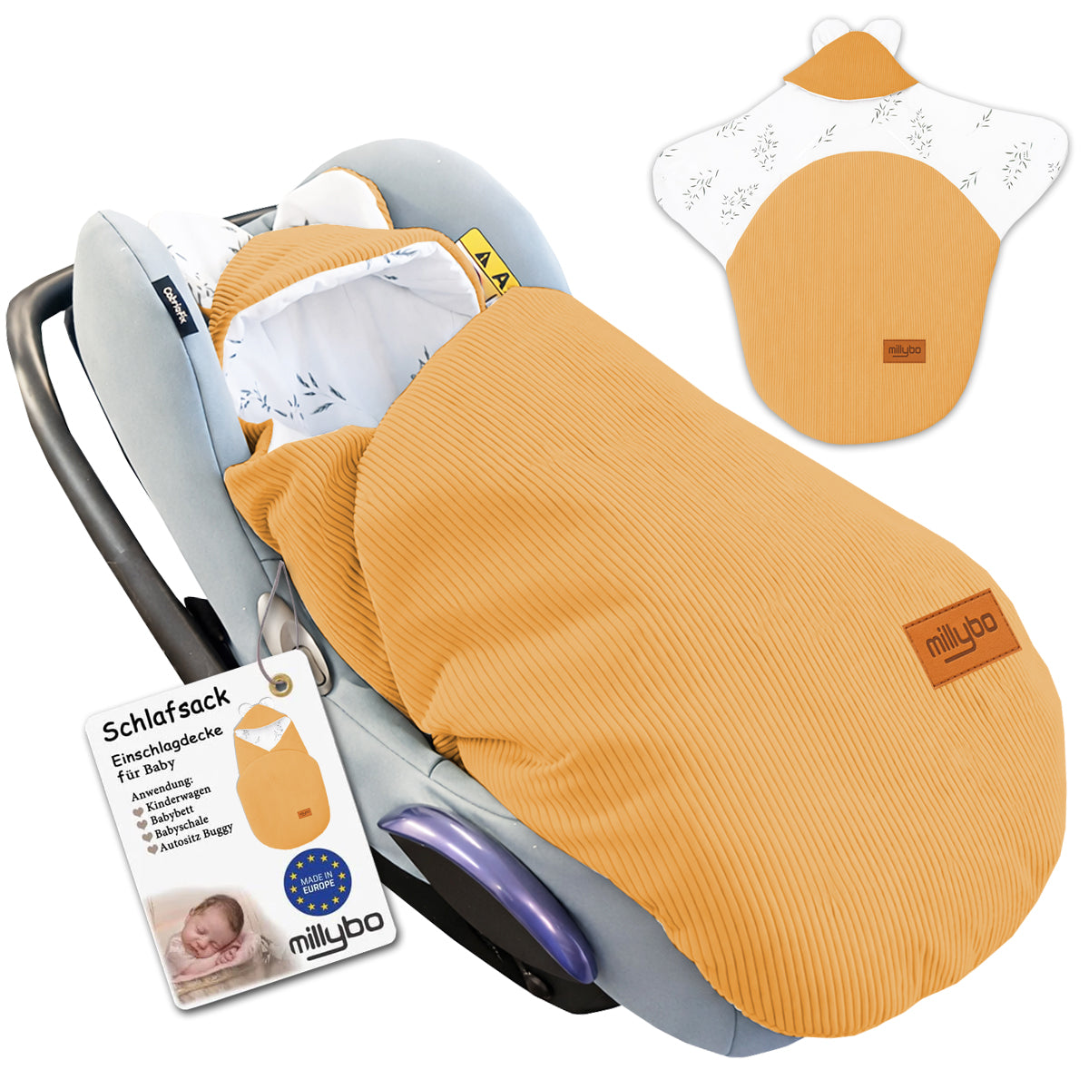 MILLYBO Baby Fußsack Einschlagdecke – Für Babyschale & Kinderwagen - Gelb Cord