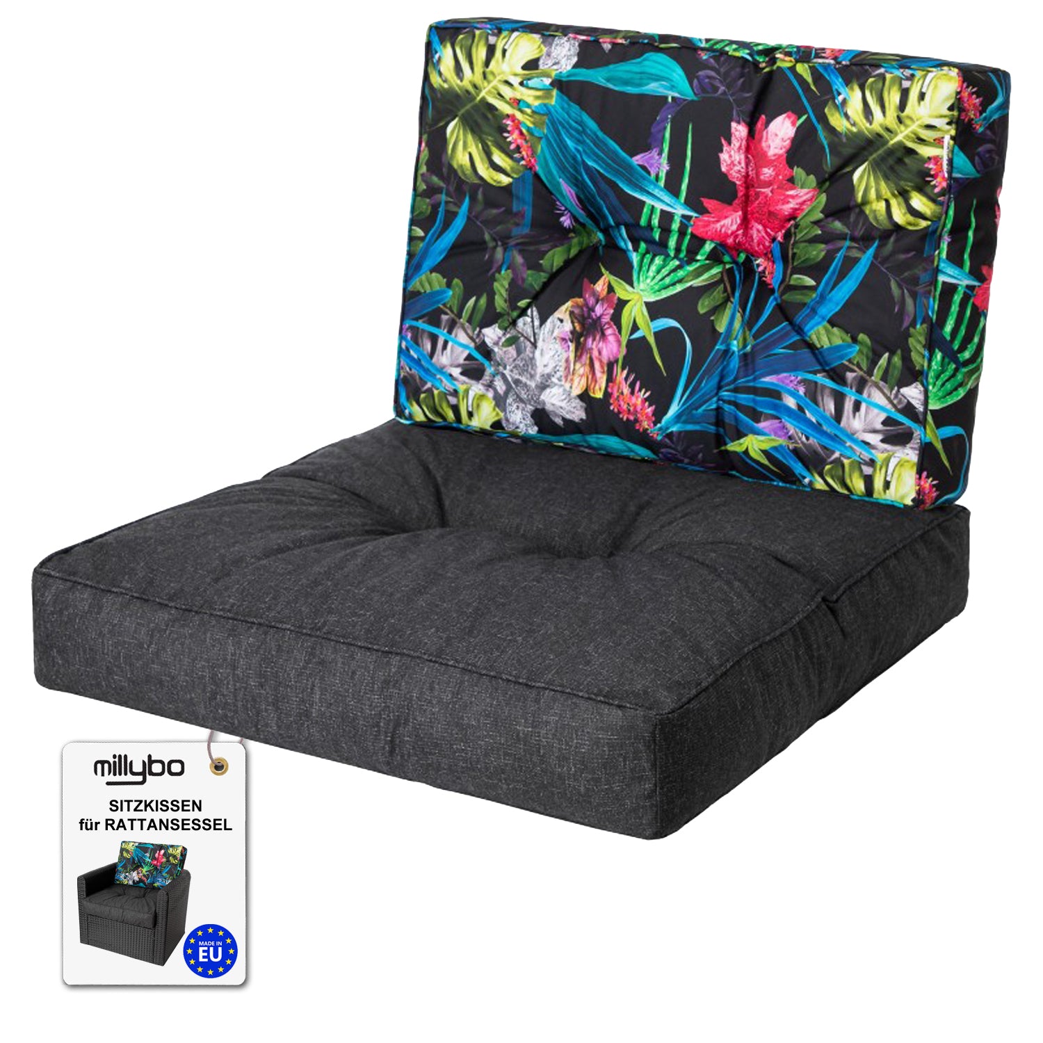 MILLYBO Gartenkissen für Rattanmöbel KAJA Bequeme Sitz- & Rückenauflage: Schwarz/Bunte Blätter