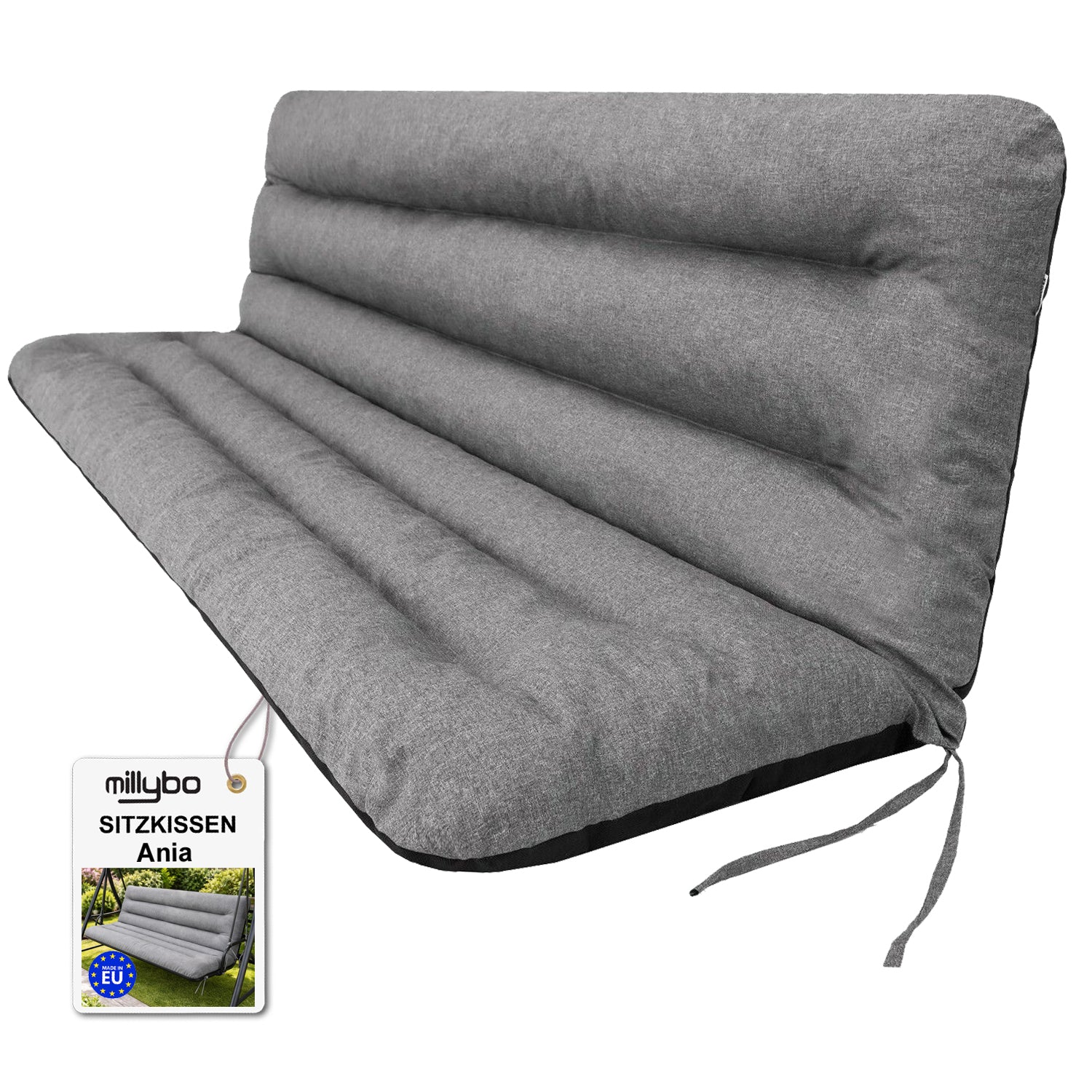 MILLYBO Hollywoodschaukel Sitzkissen 120–180 cm Auflage – Gartenschaukel Polster ANIA Ökoleinstoff - Graphit