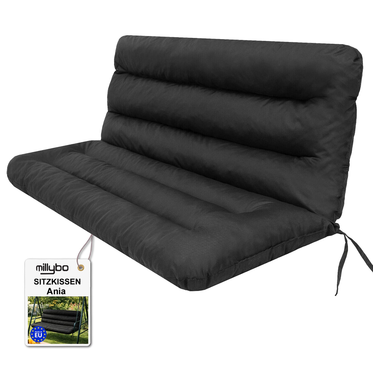 MILLYBO Hollywoodschaukel Sitzkissen 120–180 cm Auflage – Gartenschaukel Polster ANIA - Schwarz