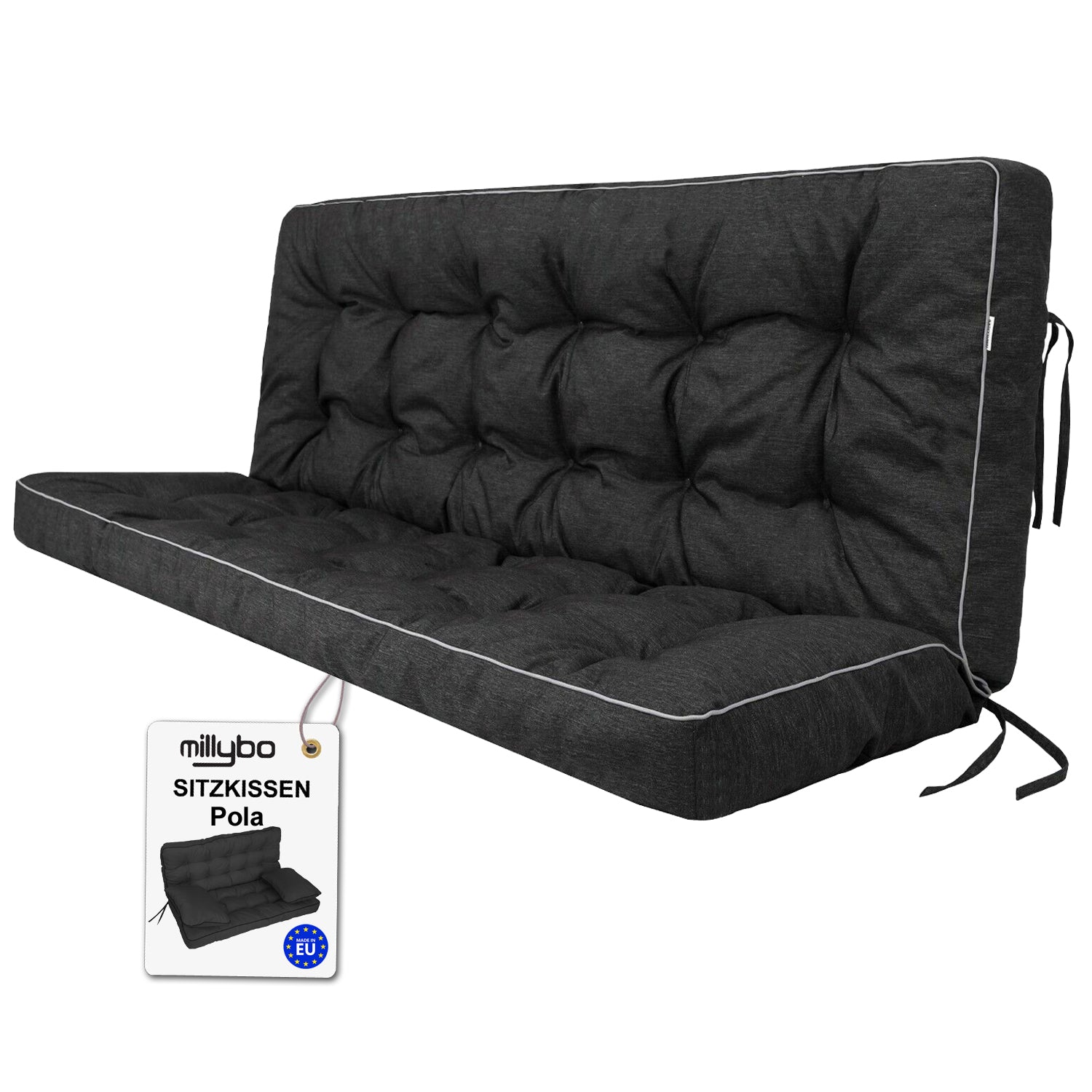 MILLYBO Hollywoodschaukel Sitzkissen 100–180 cm Auflage – Gartenschaukel Polster POLA - Schwarz