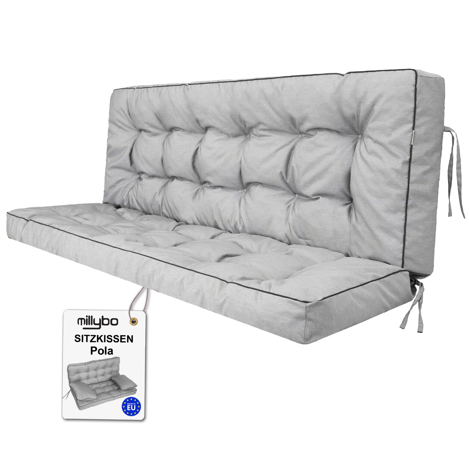 MILLYBO Hollywoodschaukel Sitzkissen 100–180 cm Auflage – Gartenschaukel Polster POLA - Hellgrau