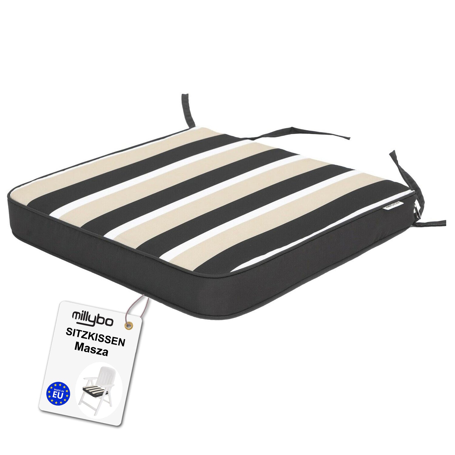 MILLYBO Gartenstuhlauflage – Sitzkissen für Gartenstühle & Balkonmöbel MASZA- Graphit mit Streifen