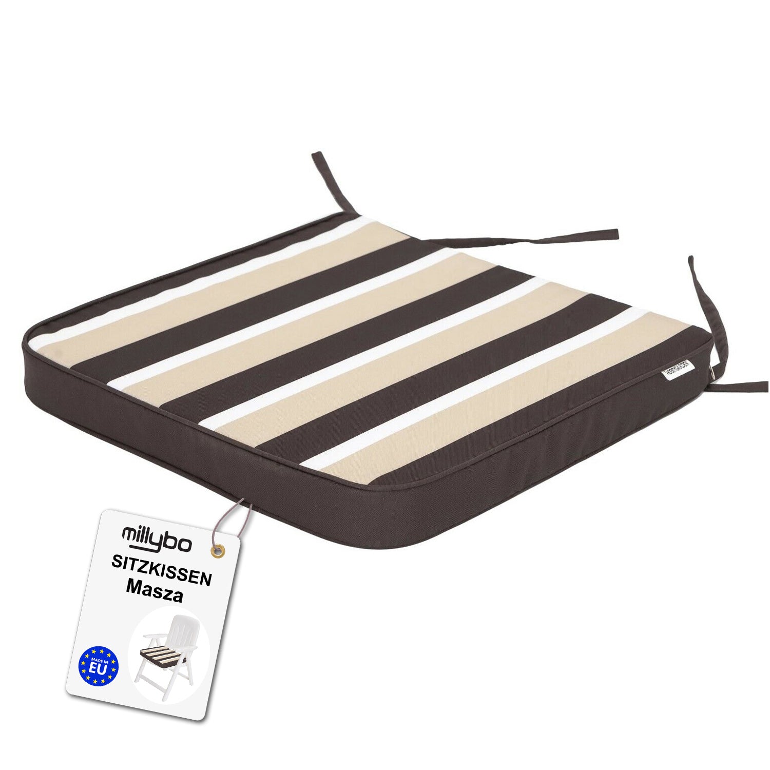 MILLYBO Gartenstuhlauflage – Sitzkissen für Gartenstühle & Balkonmöbel MASZA- Braun mit Streifen