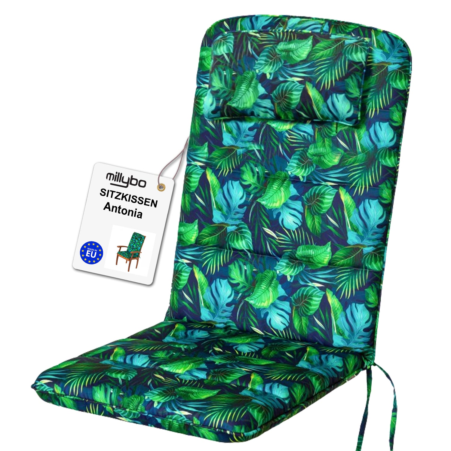 MILLYBO Gartenstuhlauflage – Sitzkissen für Gartenstühle & Balkonmöbel ANTONIA - Blaues Blätter