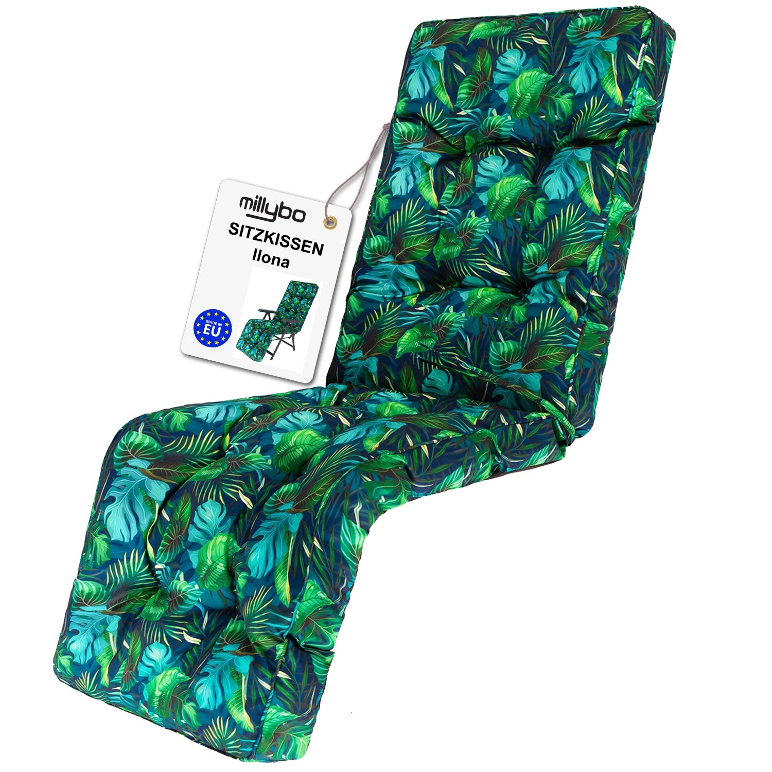 MILLYBO Gartenstuhlauflage Sitzkissen für Liegestühle mit Fußstütze ILONA - Blaues Blätter