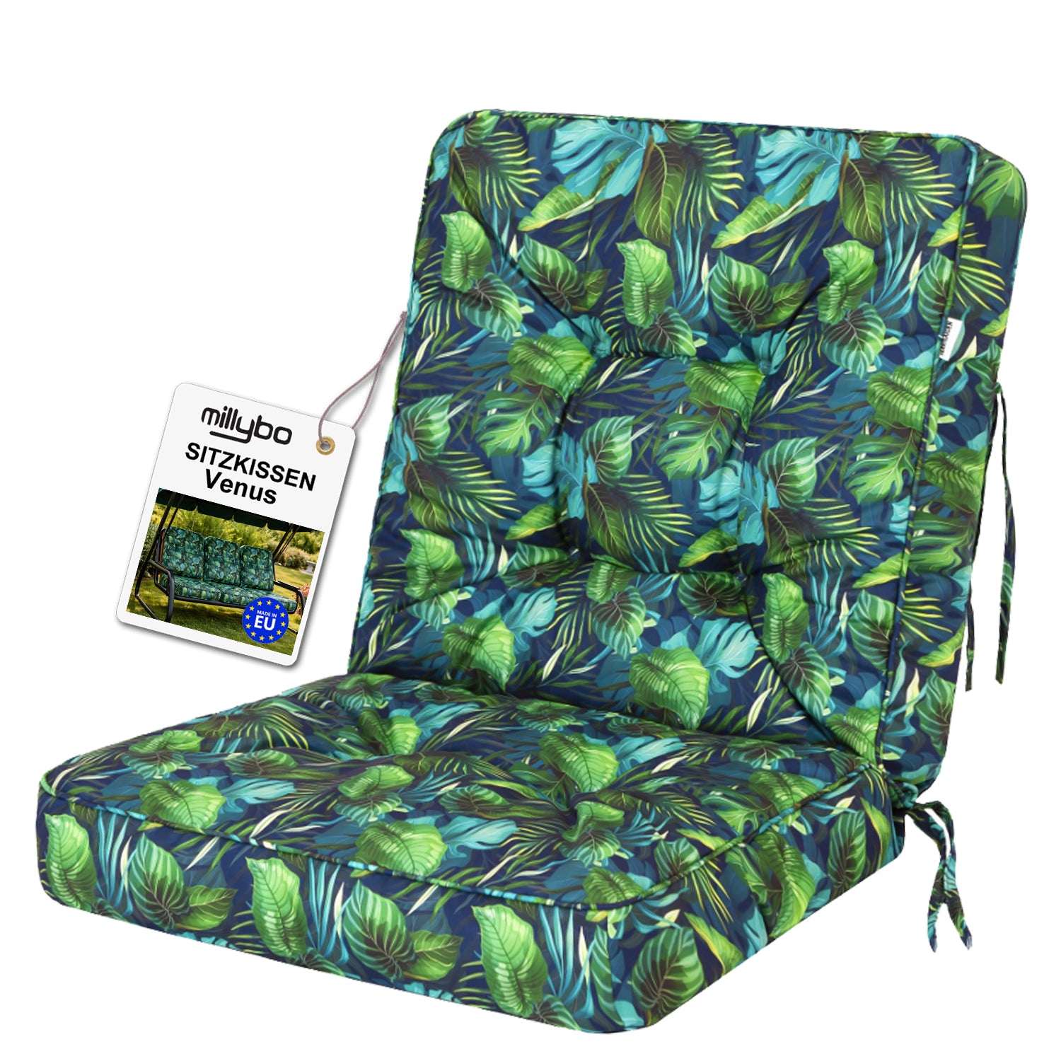 MILLYBO Hollywoodschaukel Sitzkissen 40-50 cm Auflage – Gartenschaukel Polster VENUS - Blaues Blätter