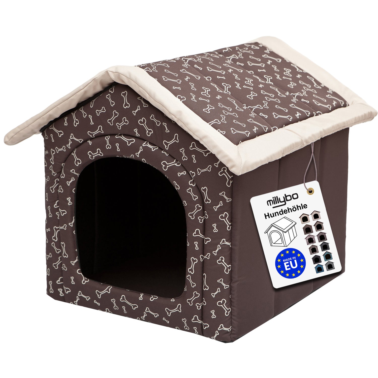 MILLYBO Textiles Hundehaus – Weiche Hundehöhle für maximalen Komfort - Braun mit Knochenmuster