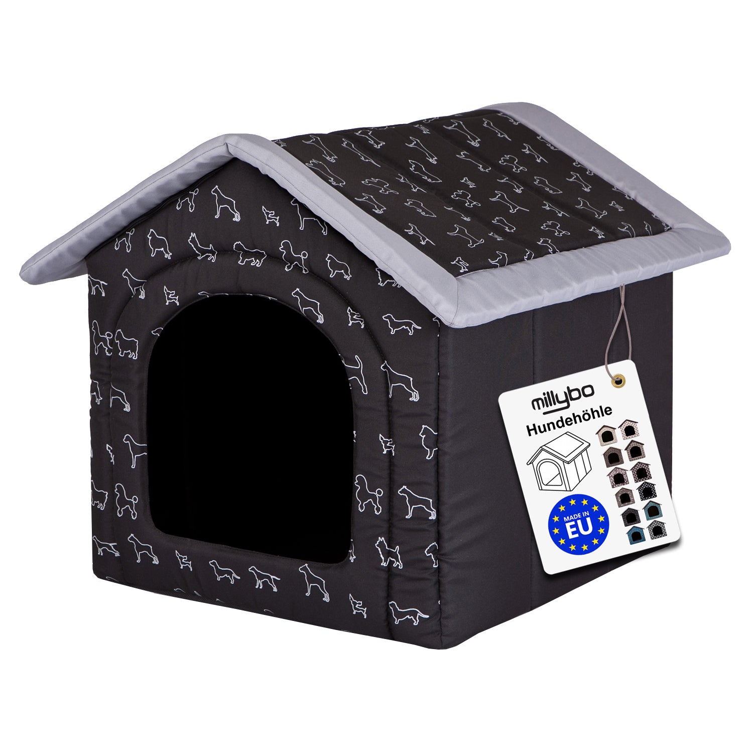 MILLYBO Textiles Hundehaus – Weiche Hundehöhle für maximalen Komfort - Schwarz mit Hundemuster