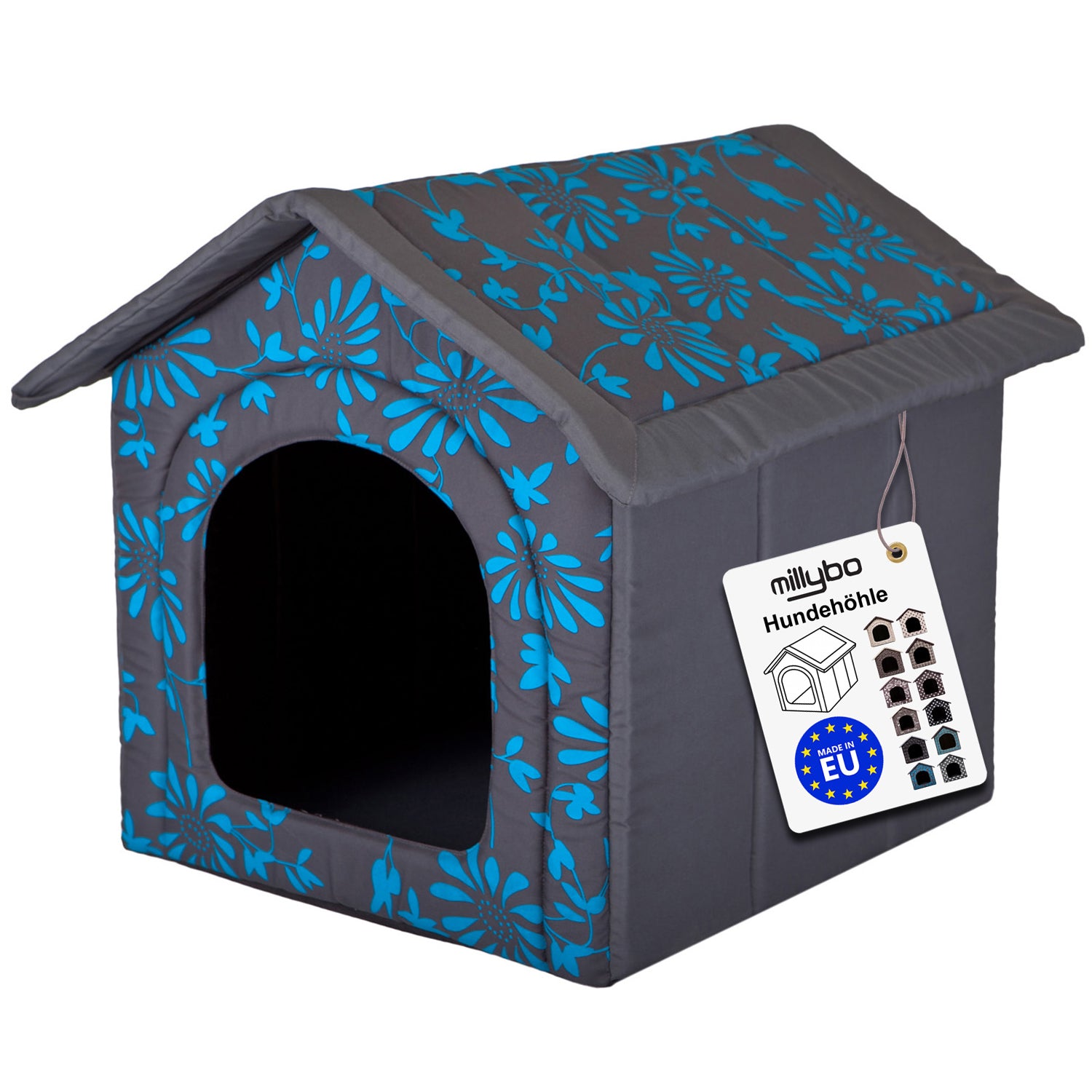 MILLYBO Textiles Hundehaus – Weiche Hundehöhle für maximalen Komfort  - blauen Blumen