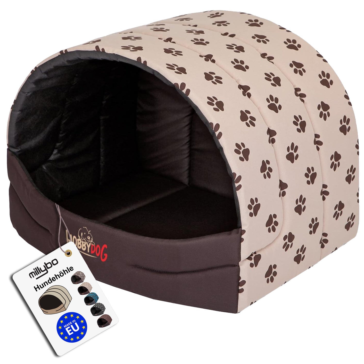 MILLYBO Hundehöhle aus Stoff – Weiches Hundebett & Gemütliches Hundehaus: Beige mit Muster