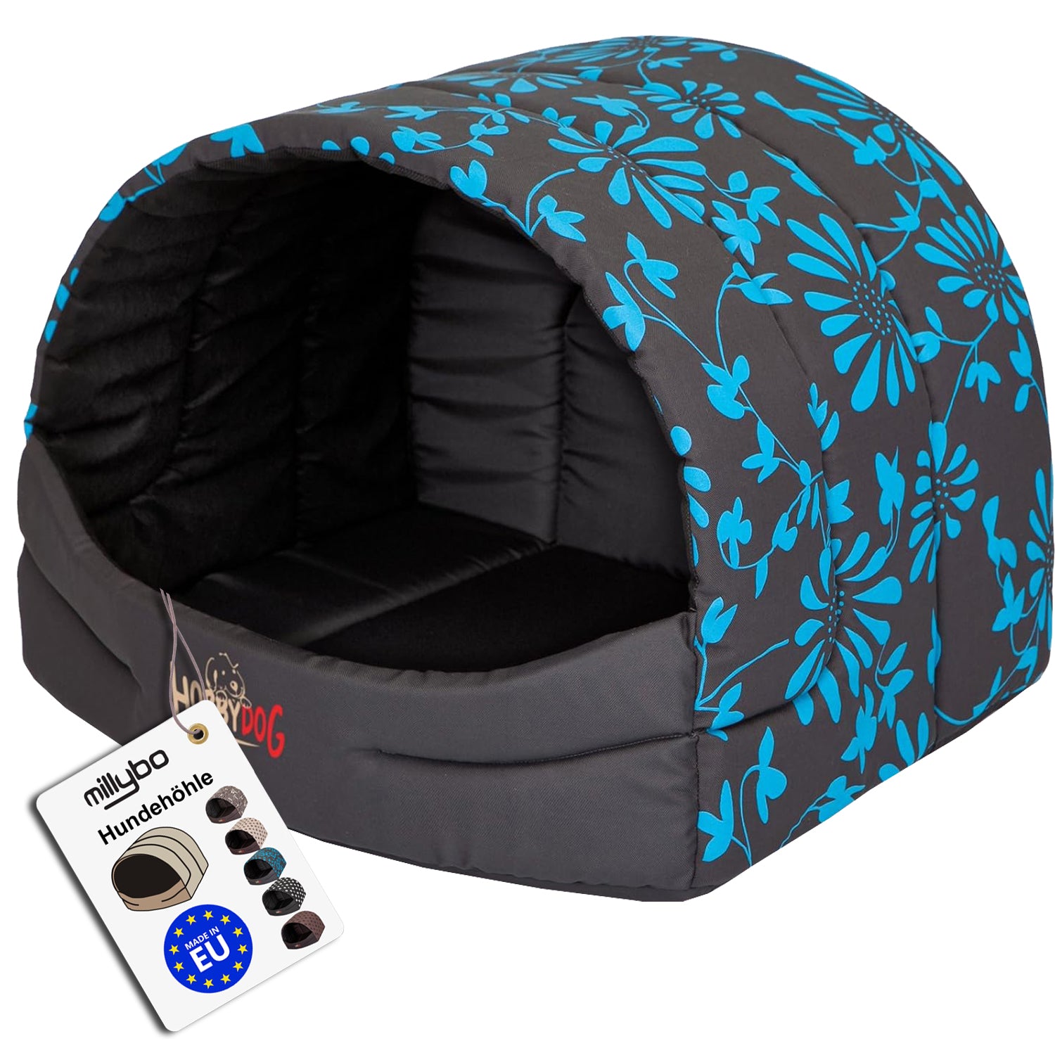 MILLYBO Hundehöhle aus Stoff – Weiches Hundebett & Gemütliches Hundehaus: Grau mit Blumen