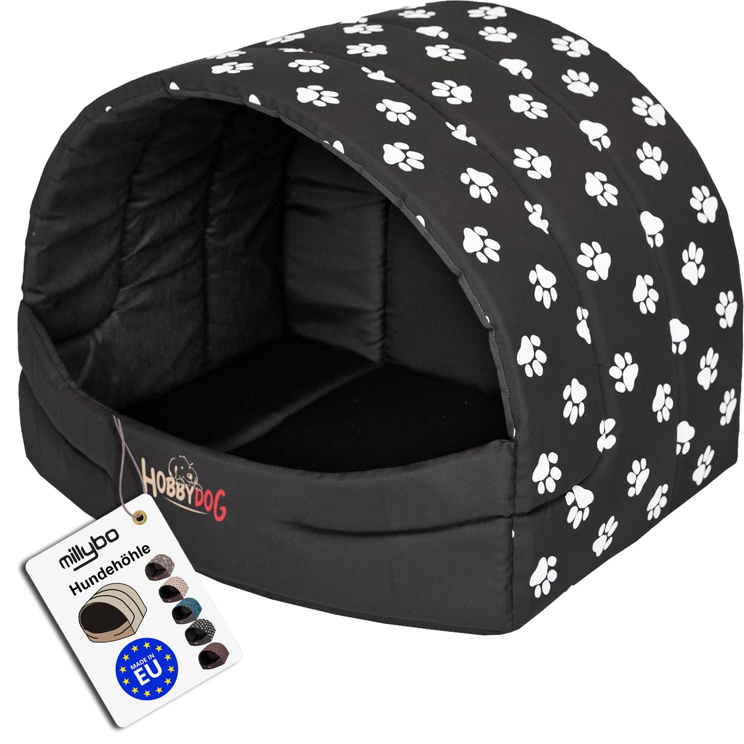 MILLYBO Hundehöhle aus Stoff – Weiches Hundebett & Gemütliches Hundehaus: Schwarz mit Muster