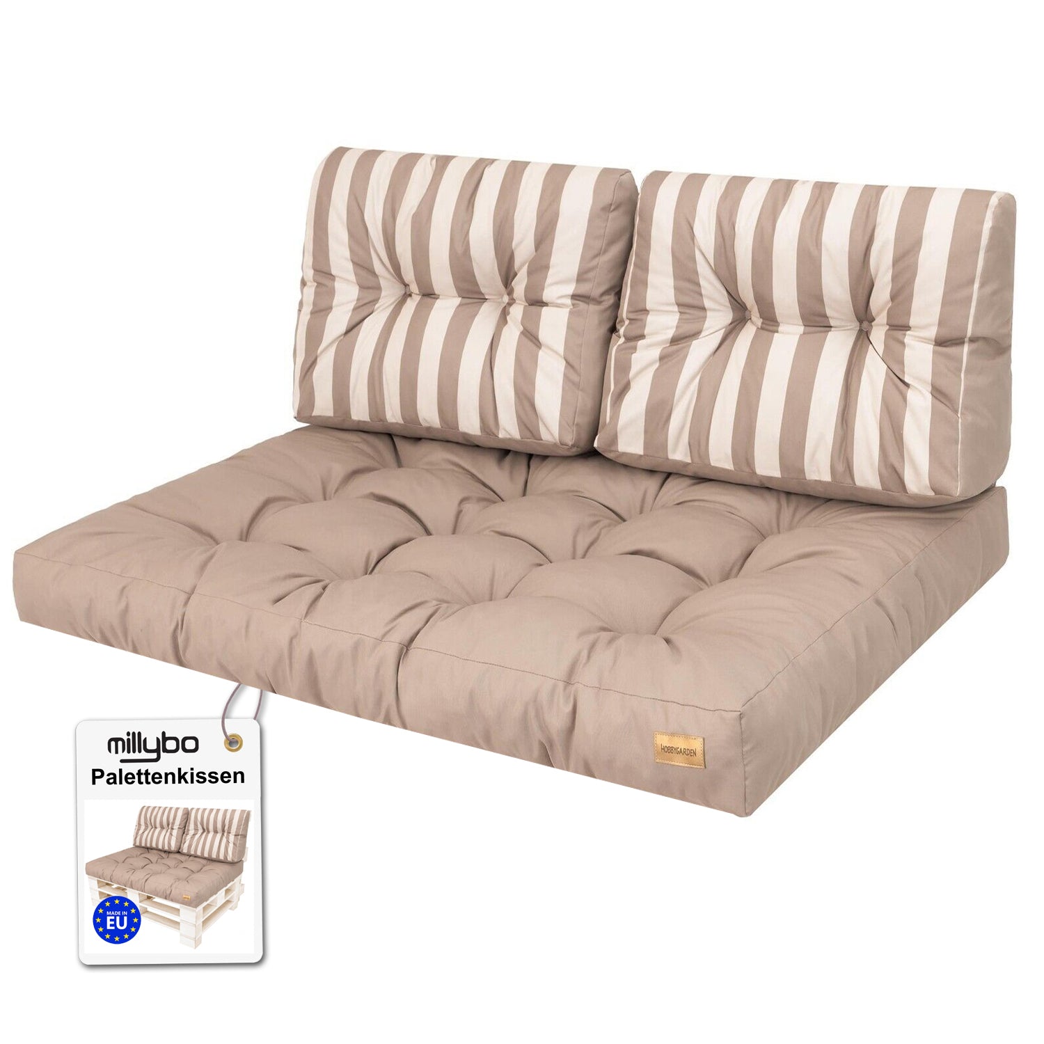 MILLYBO Palettenkissen LEO Set 1+2 Beige/Streifen – Komfort & Stil für deinen Garten