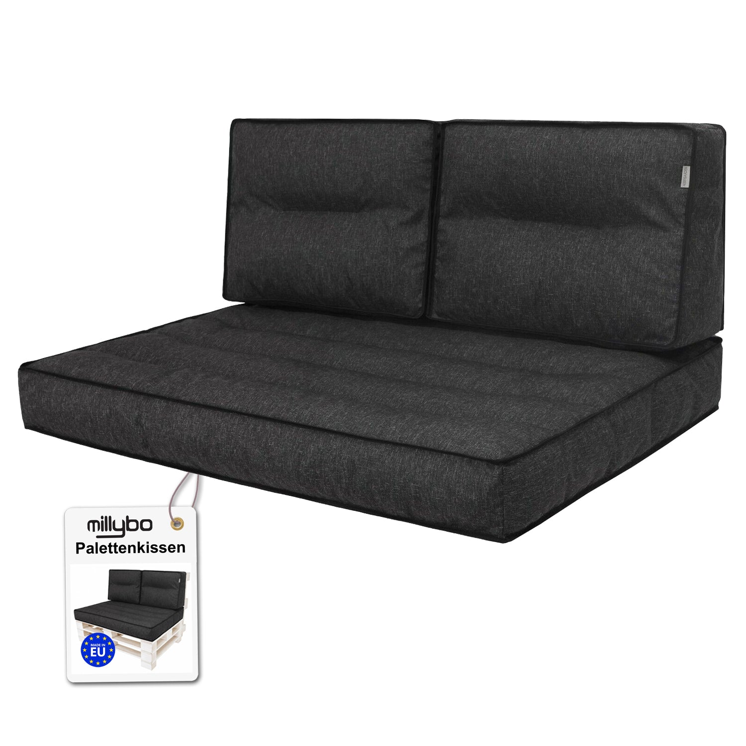 MILLYBO Palettenkissen TOMEK  Set 2+1 Schwarz – Komfort & Stil für deinen Garten