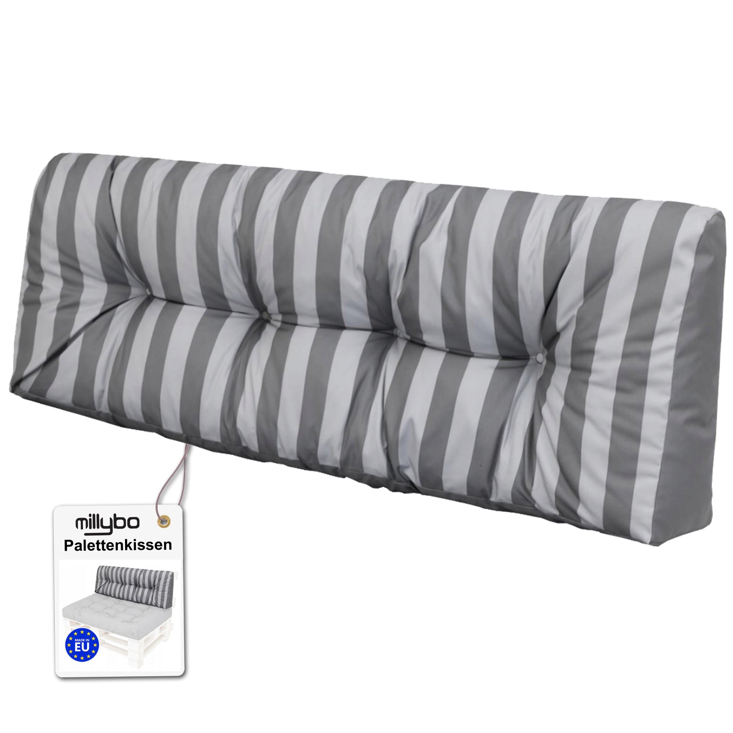 MILLYBO Palettenkissen Rückenlehne 120x40 cm LEO – Outdoor Gartenkissen - Grau/graue Streifen