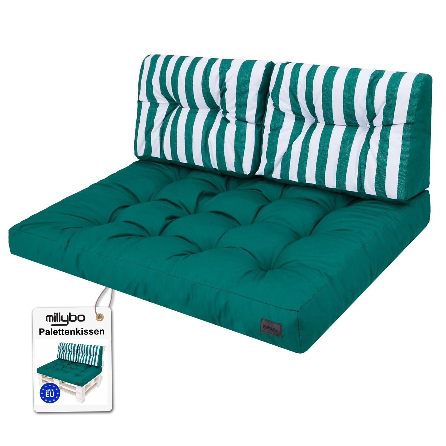 MILLYBO Palettenkissen LEO Set 1+2 Grün/Streifen – Komfort & Stil für deinen Garten
