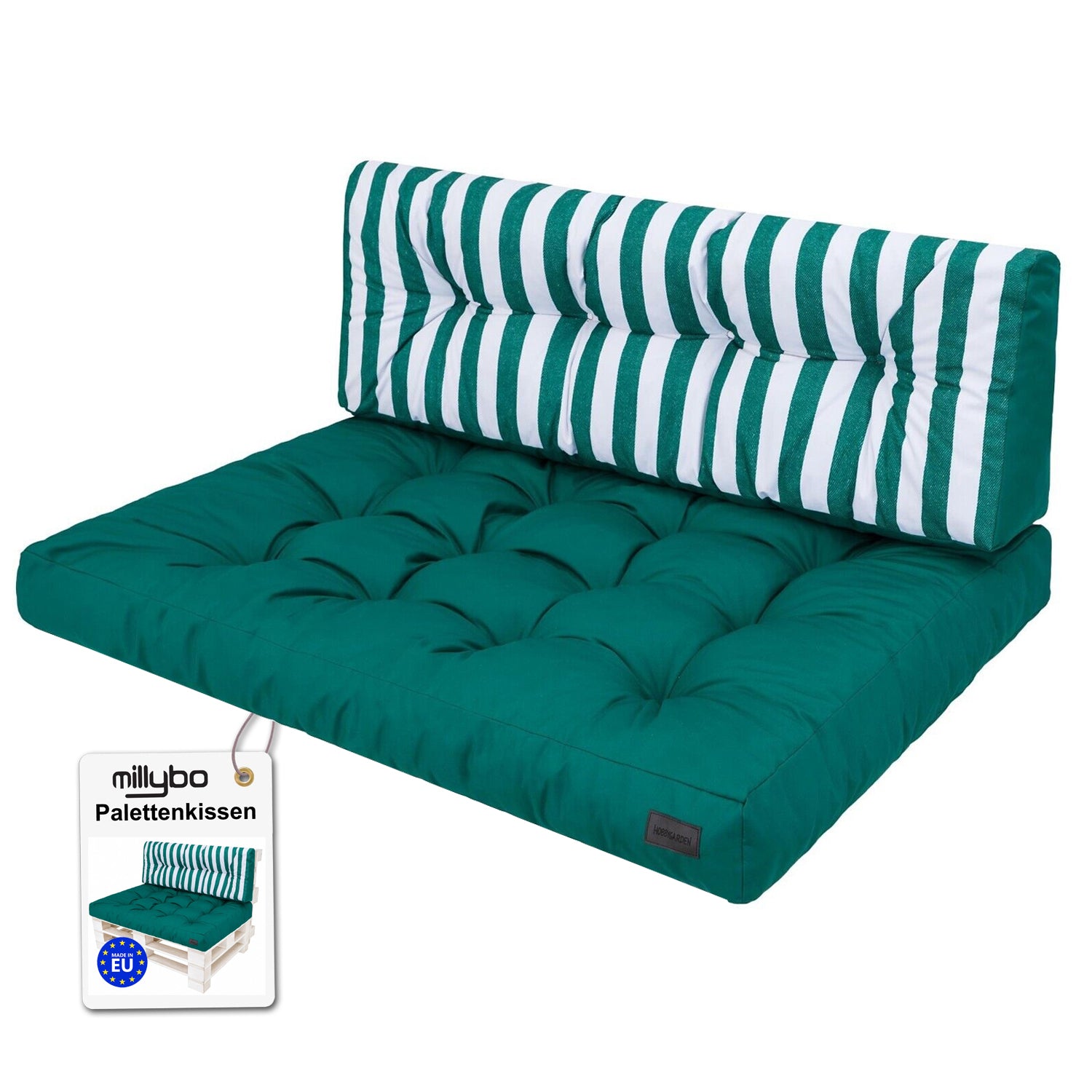 MILLYBO Palettenkissen LEO Set 1+1 Grün/Streifen – Komfort & Stil für deinen Garten