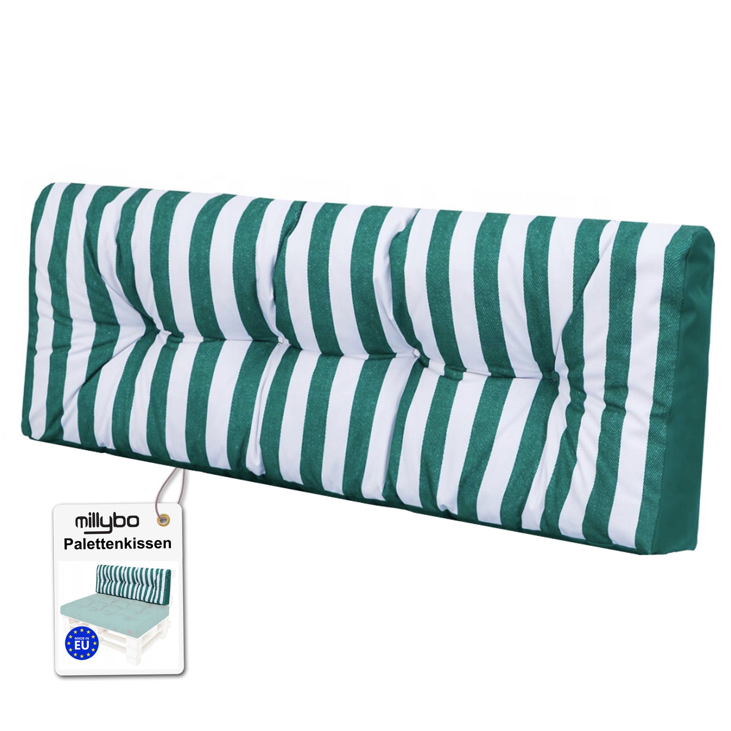 MILLYBO Palettenkissen Rückenlehne 120x40 cm LEO – Outdoor Gartenkissen - Grün/Streifen