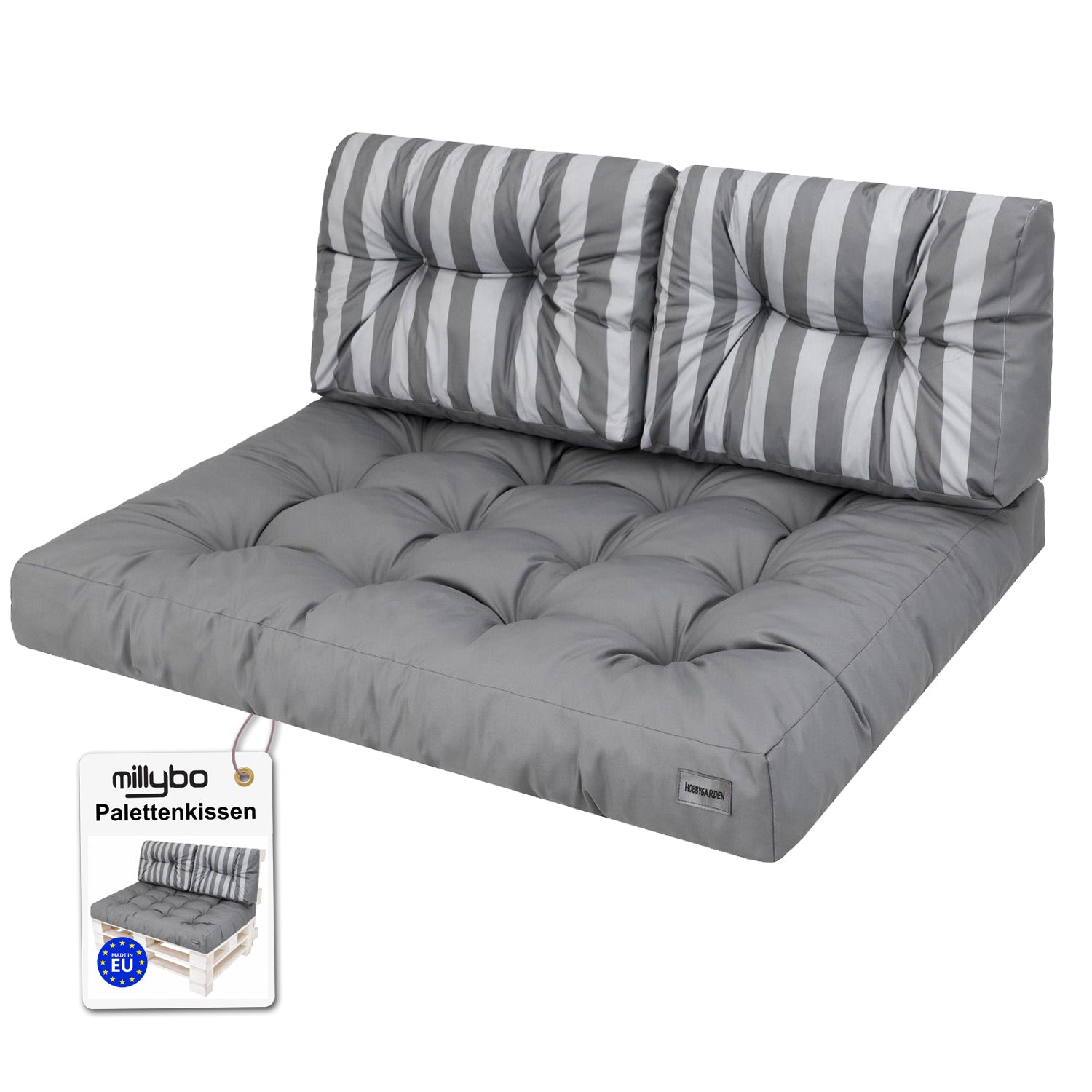 MILLYBO Palettenkissen LEO Set 1+2 Grau/graue Streifen – Komfort & Stil für deinen Garten