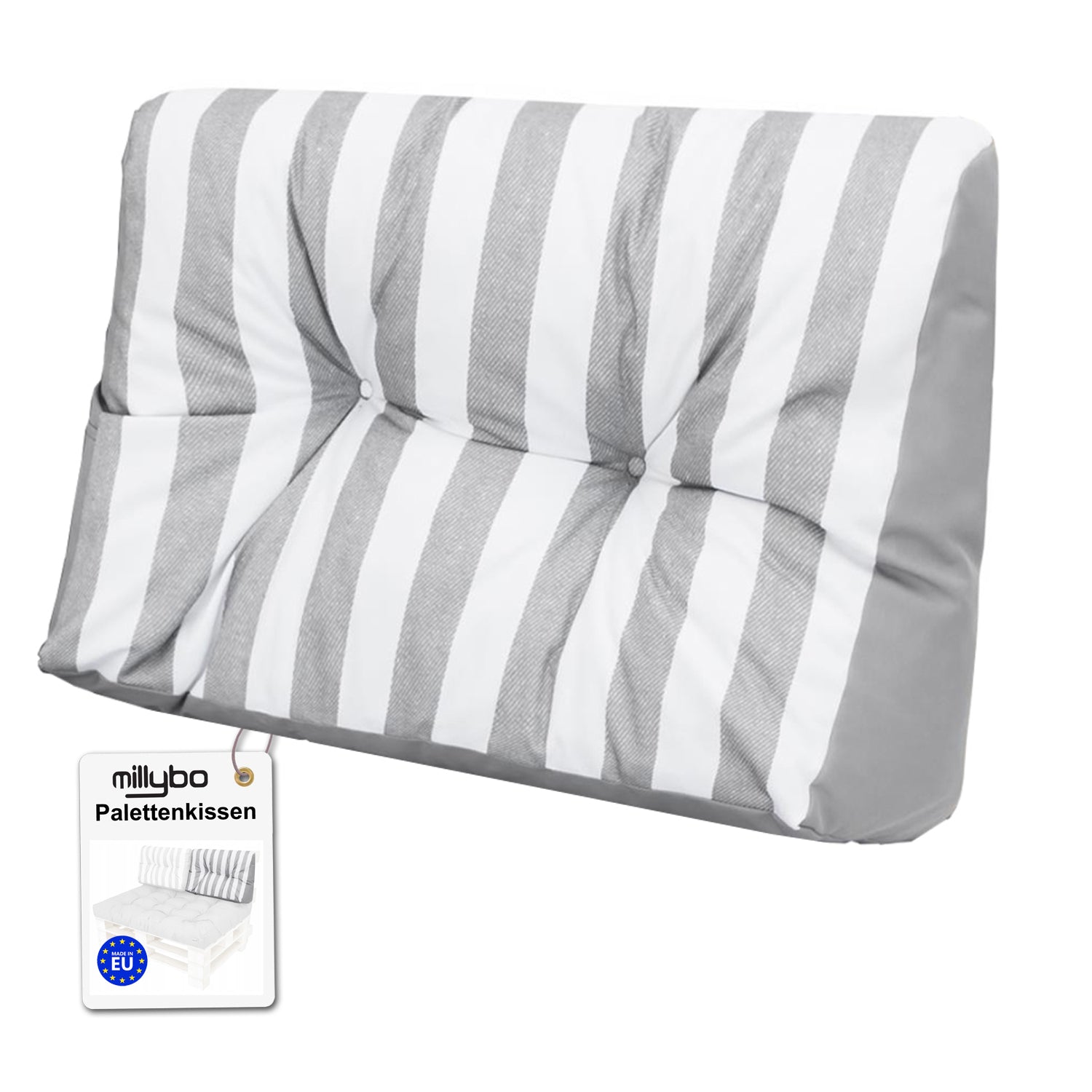 MILLYBO Palettenkissen Rückenlehne 60x40 cm LEO – Outdoor Gartenkissen - Hellgrau/weiße Streifen