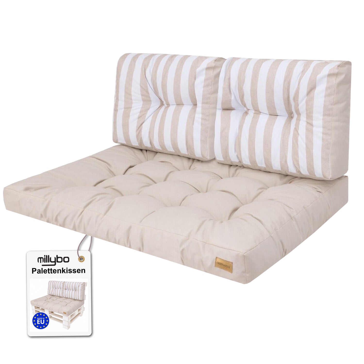 MILLYBO Palettenkissen LEO Set 1+2 Ecru/Streifen – Komfort & Stil für deinen Garten