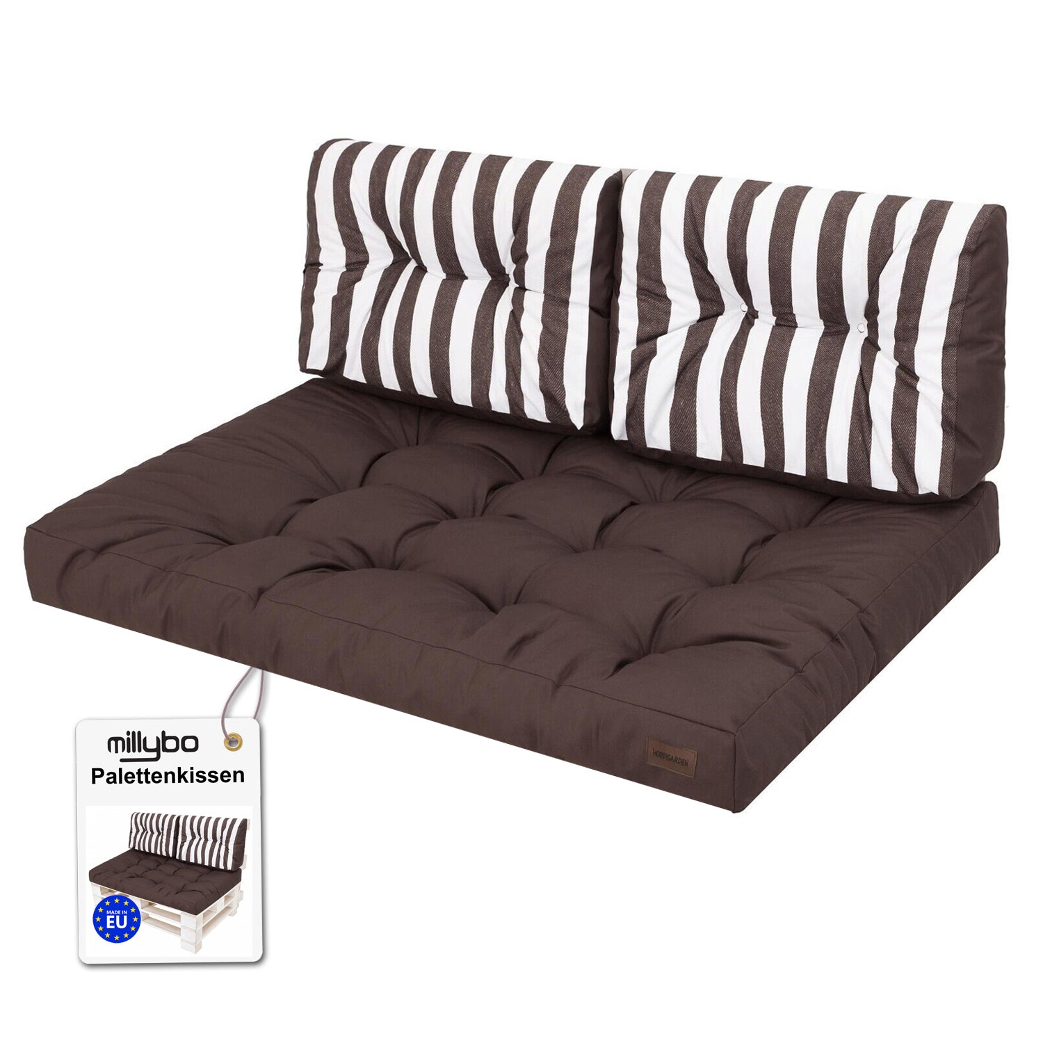 MILLYBO Palettenkissen LEO Set 1+2 Braun/Streifen – Komfort & Stil für deinen Garten