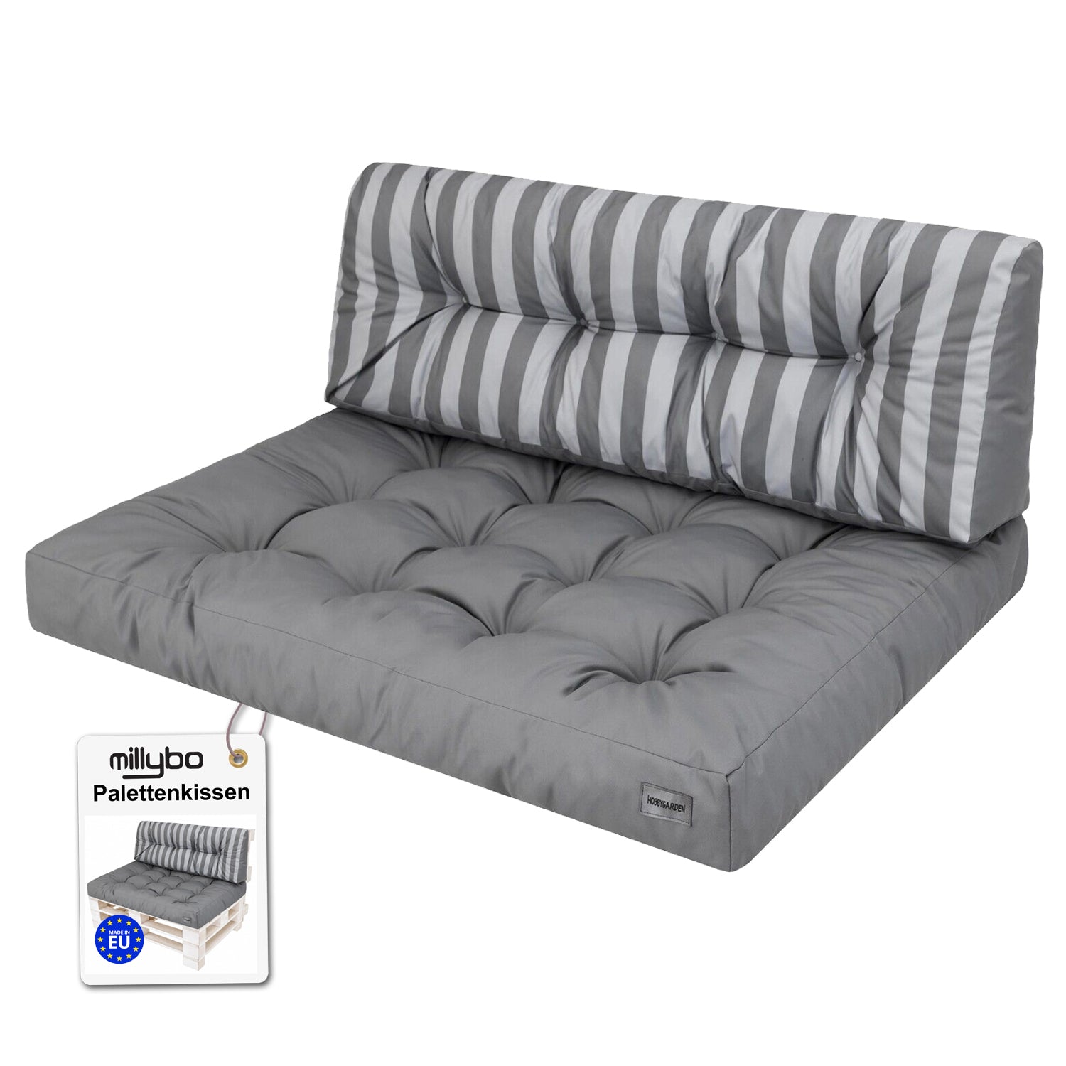 MILLYBO Palettenkissen LEO Set 1+1 Grau/graue Streifen – Komfort & Stil für deinen Garten