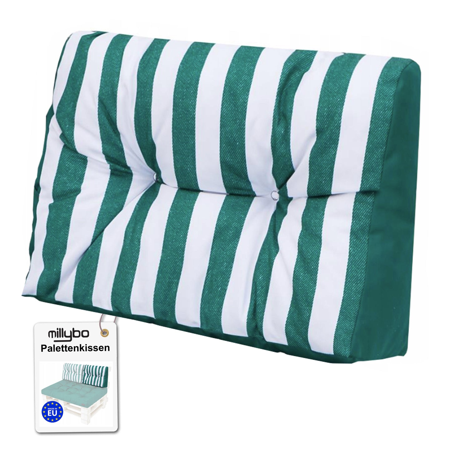MILLYBO Palettenkissen Rückenlehne 60x40 cm LEO – Outdoor Gartenkissen - Grün/Streifen