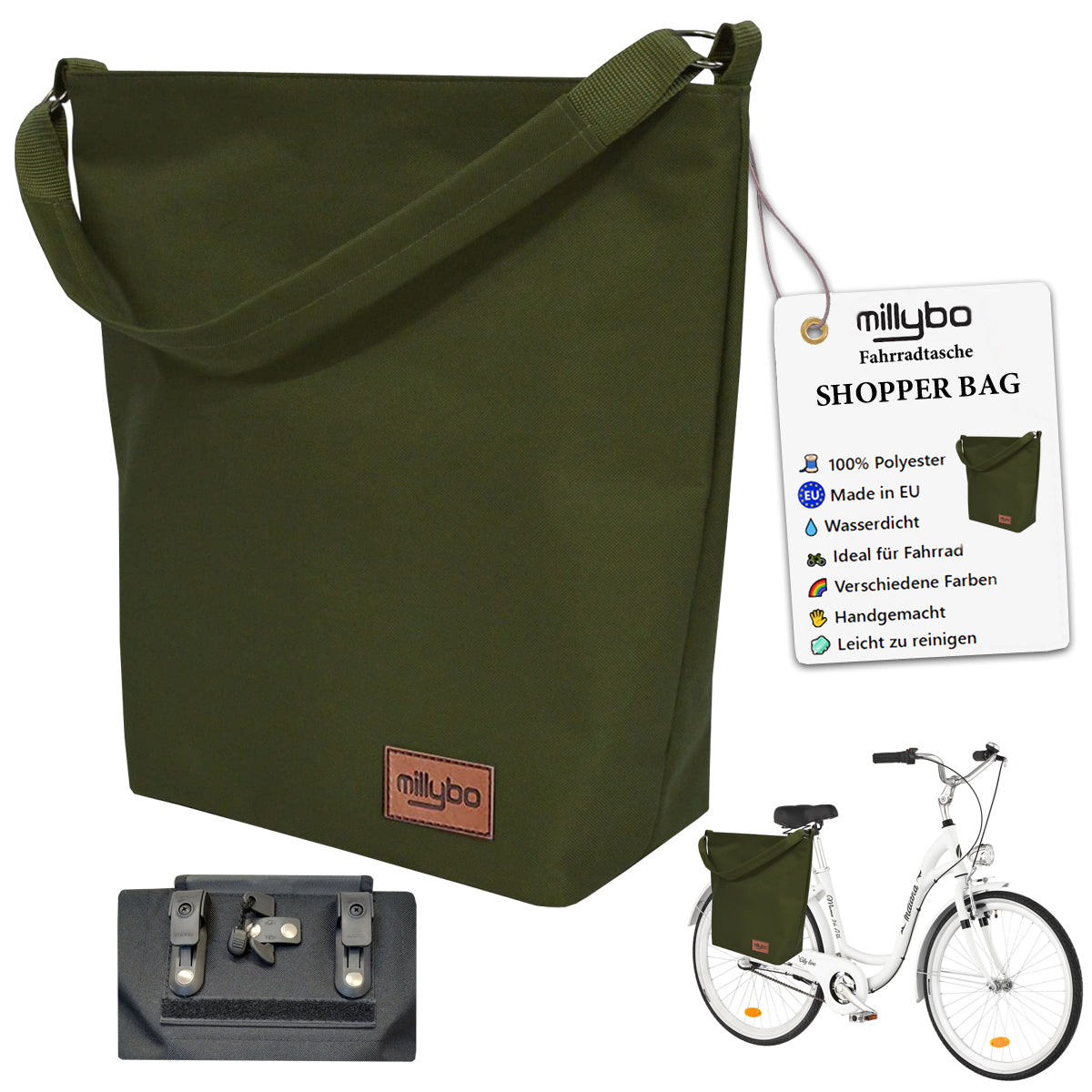 MILLYBO SHOPPER BAG Stylische Fahrradtasche für Gepäckträger 18L - Olivegrün