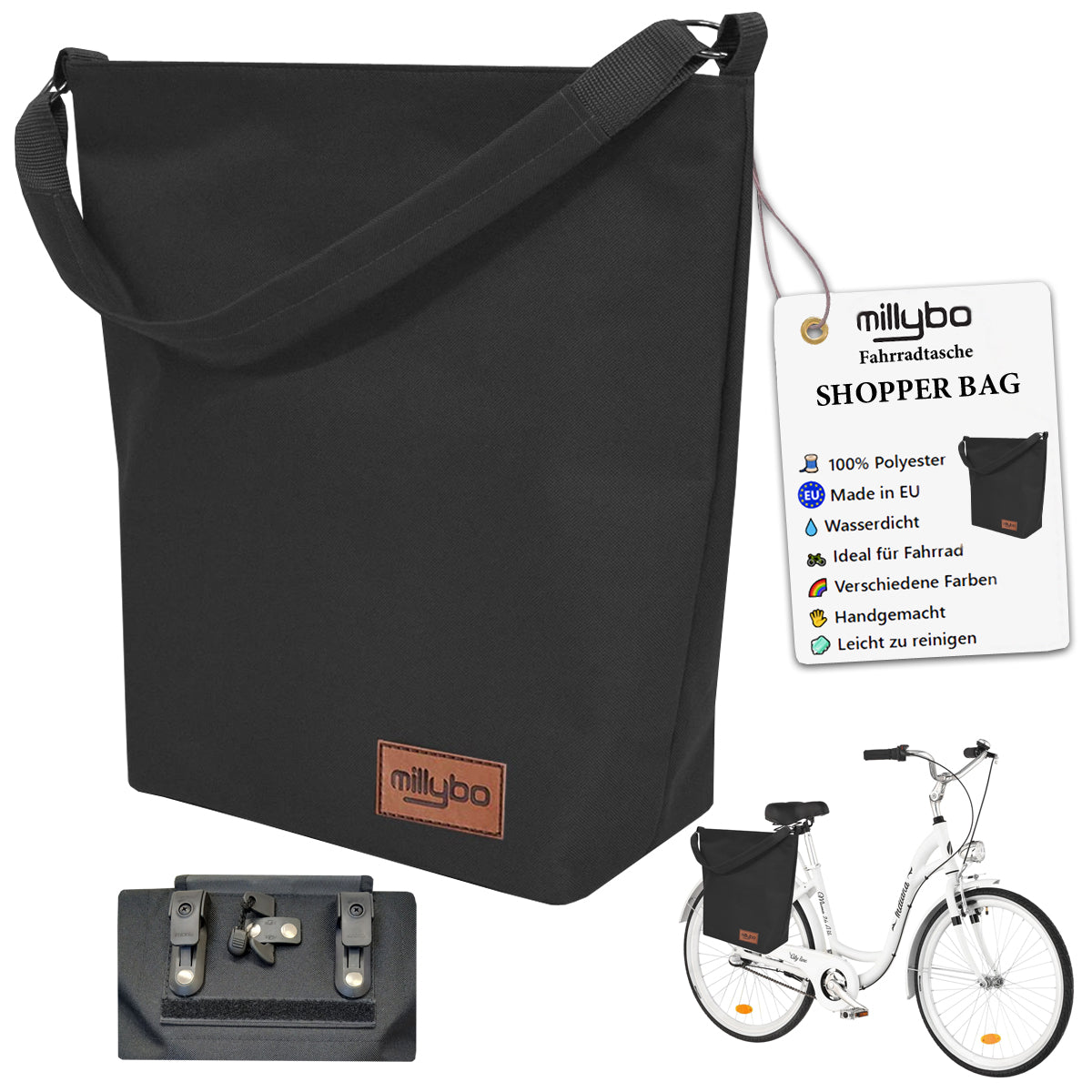 MILLYBO SHOPPER BAG Stylische Fahrradtasche für Gepäckträger 18L - Schwarz