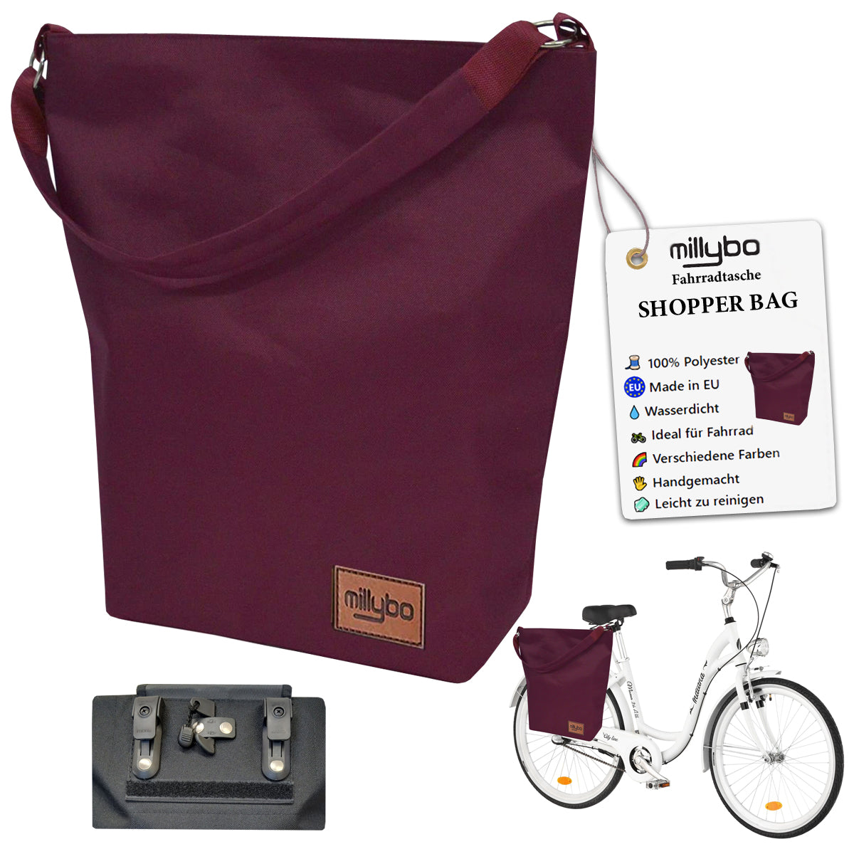 MILLYBO SHOPPER BAG Stylische Fahrradtasche für Gepäckträger 18L - Winerot
