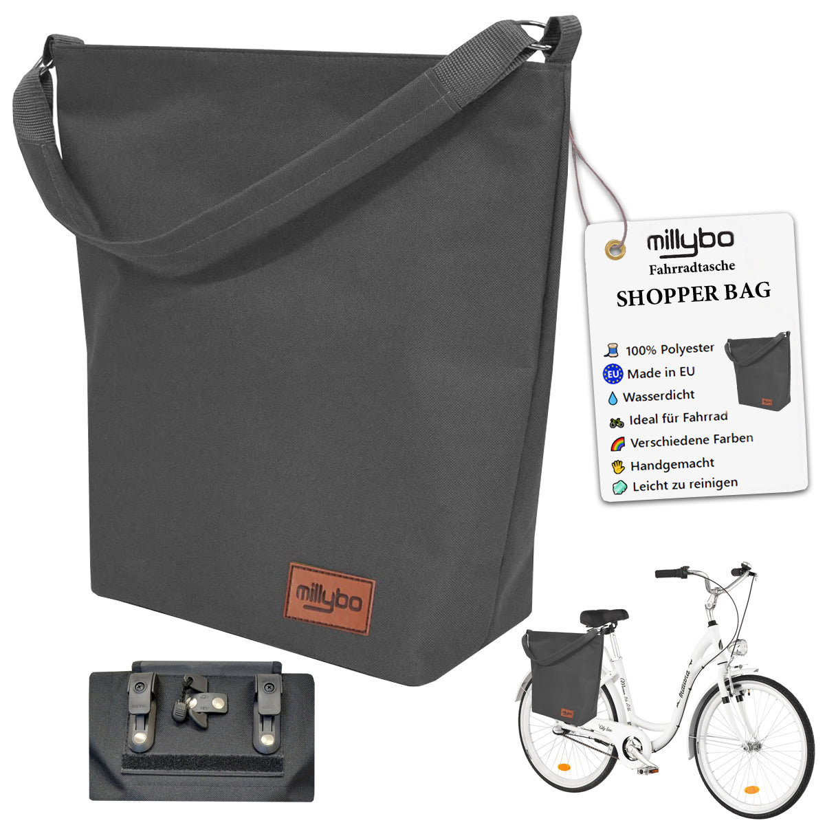 MILLYBO SHOPPER BAG Stylische Fahrradtasche für Gepäckträger 18L - Graphit