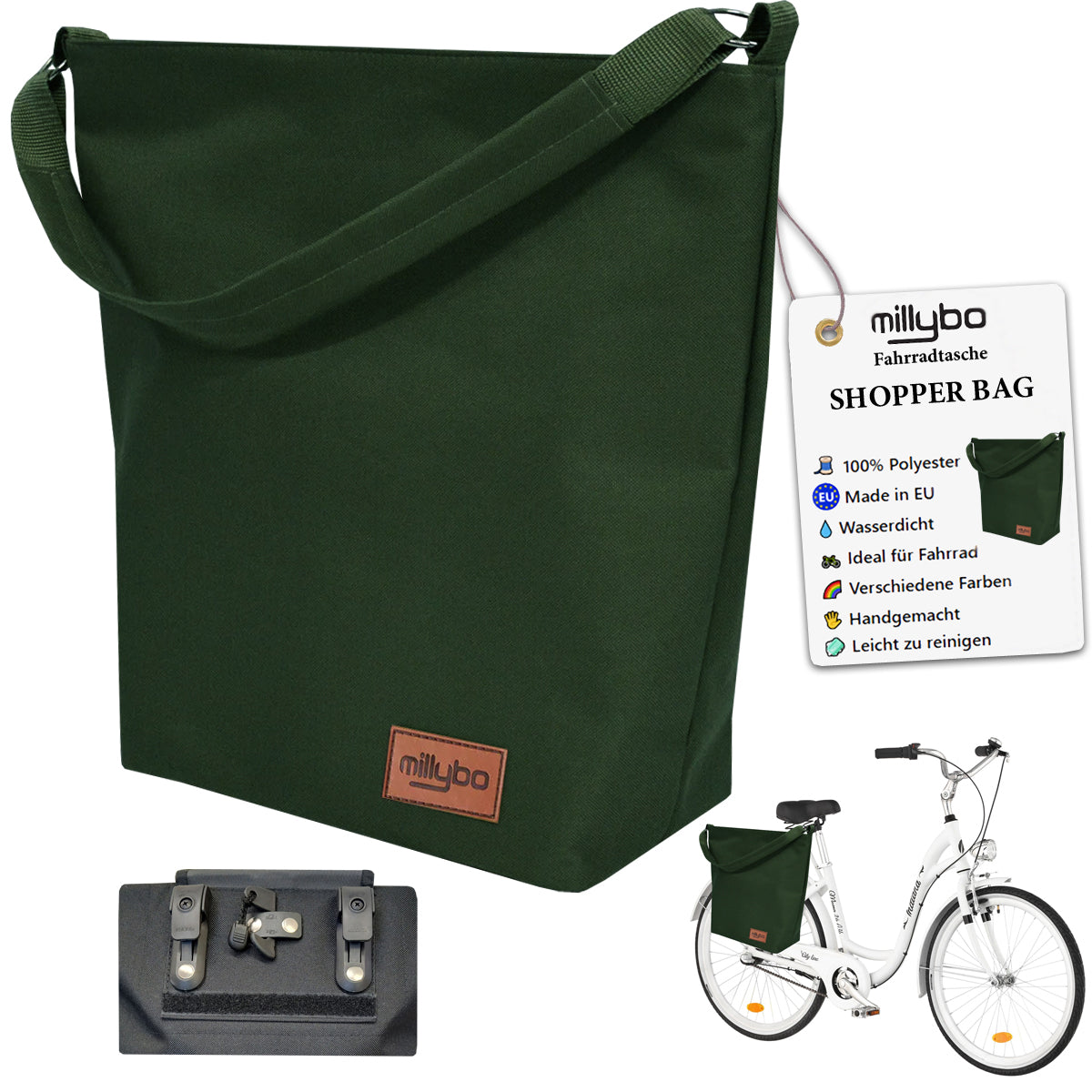 MILLYBO SHOPPER BAG Stylische Fahrradtasche für Gepäckträger 18L - Dunkelgrün