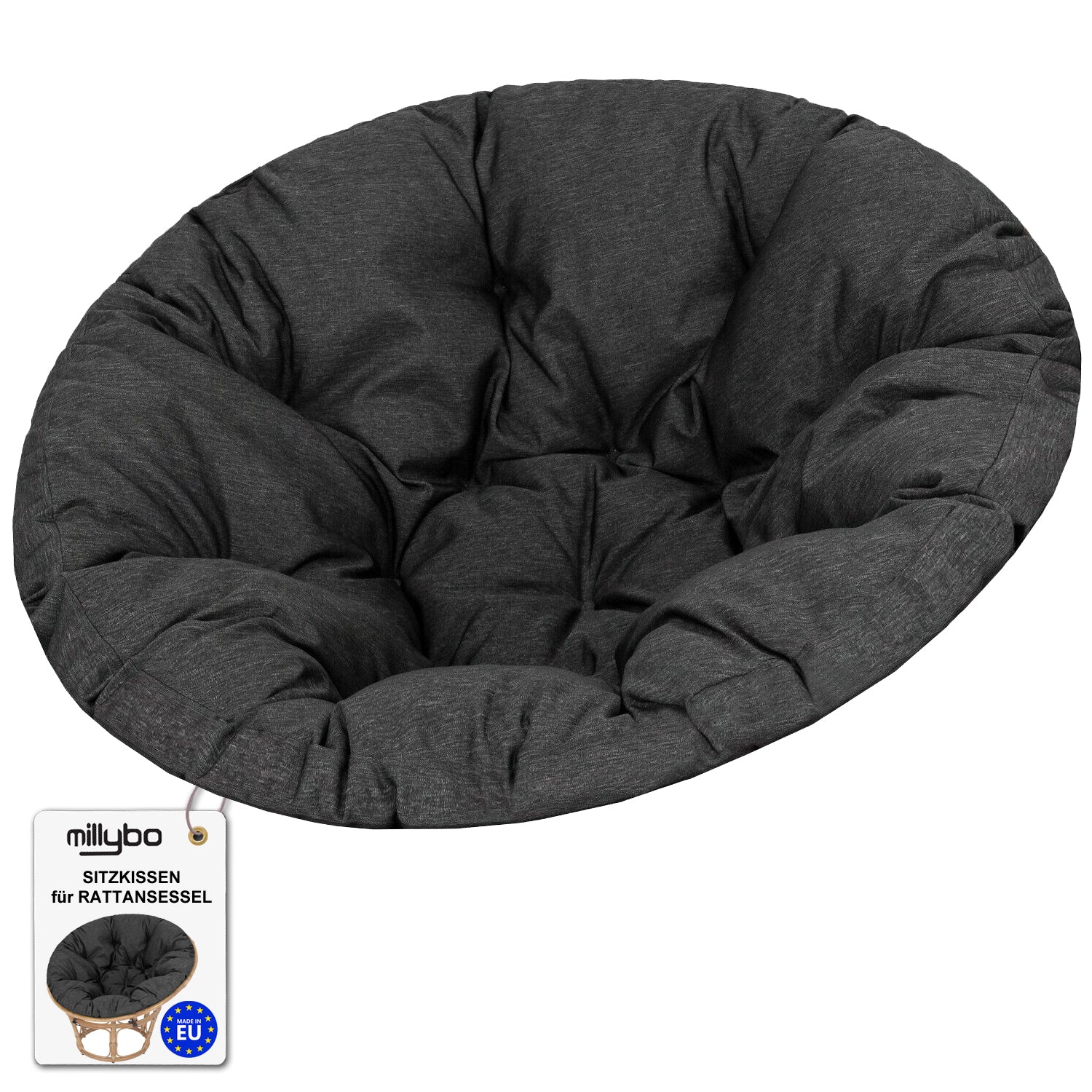 MILLYBO Papasan Sitzkissen SOA 114 cm – Polster Auflage für Rattansessel, Hängesessel & Schaukel: Schwarz