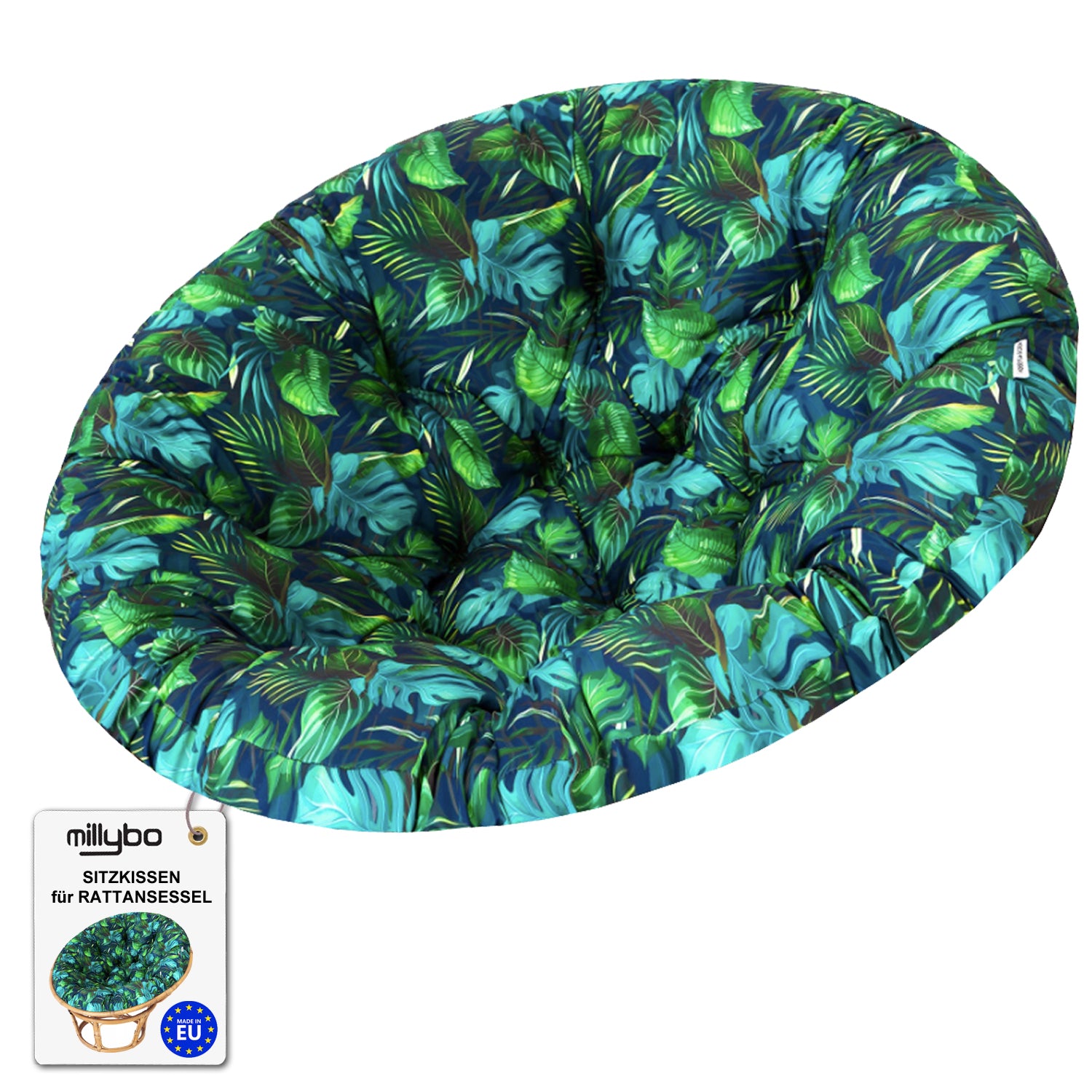 MILLYBO Papasan Sitzkissen SOA 114 cm – Polster Auflage für Rattansessel, Hängesessel & Schaukel: Blaues Blätter