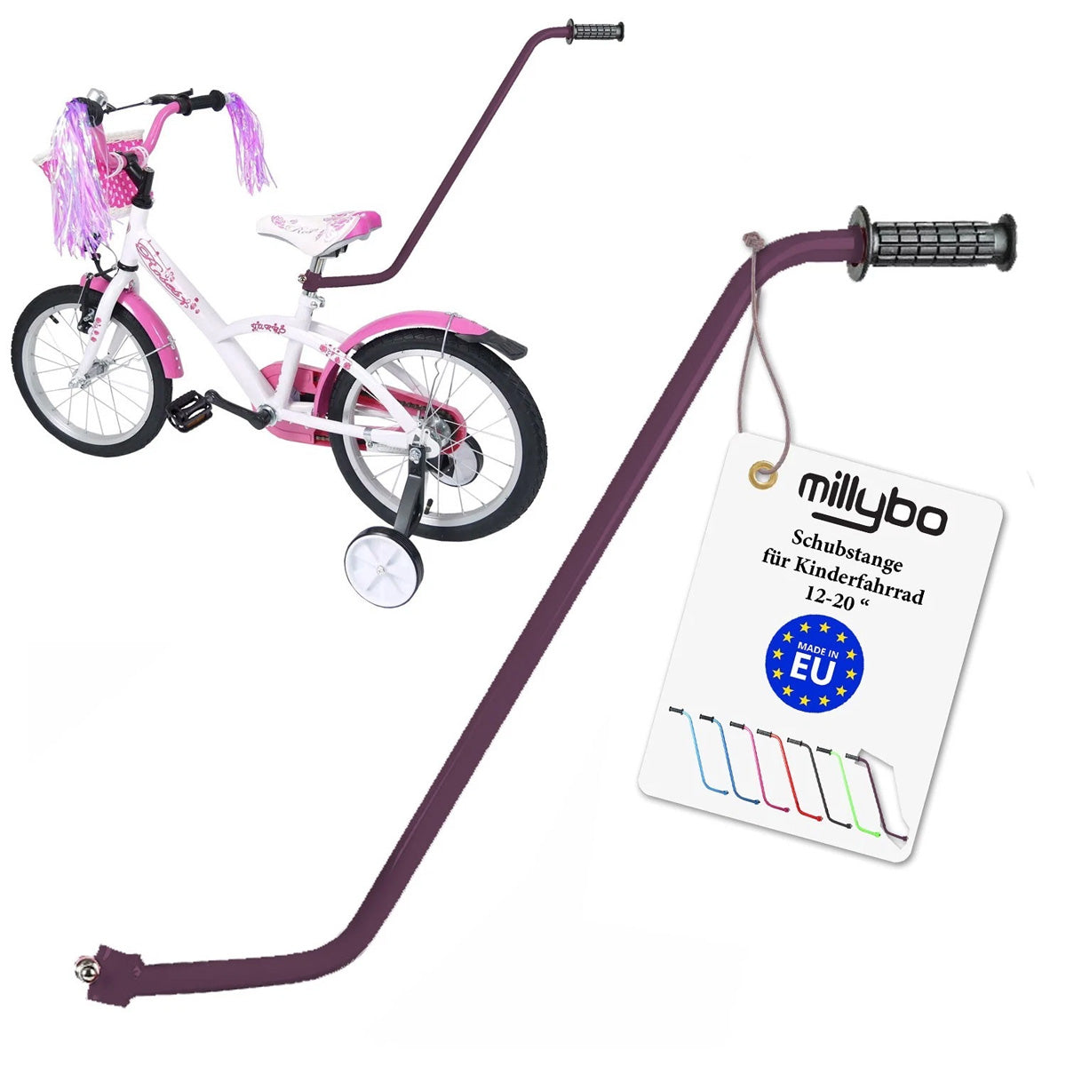 MILLYBO Universelle Schubstange für Kinderfahrrad 12–20" – Mehr Kontrolle & Sicherheit für Eltern: Violett