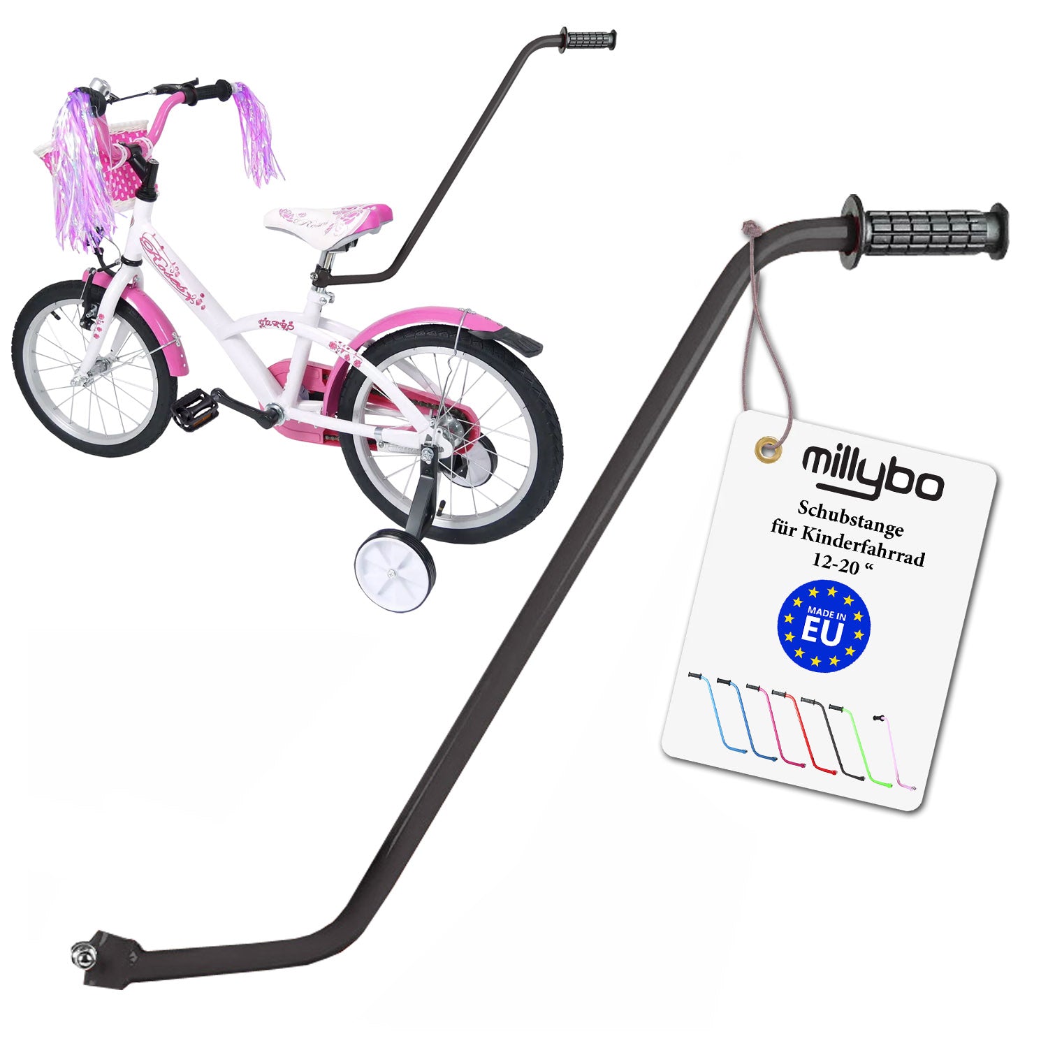 MILLYBO Universelle Schubstange für Kinderfahrrad 12–20" – Mehr Kontrolle & Sicherheit für Eltern: Schwarz