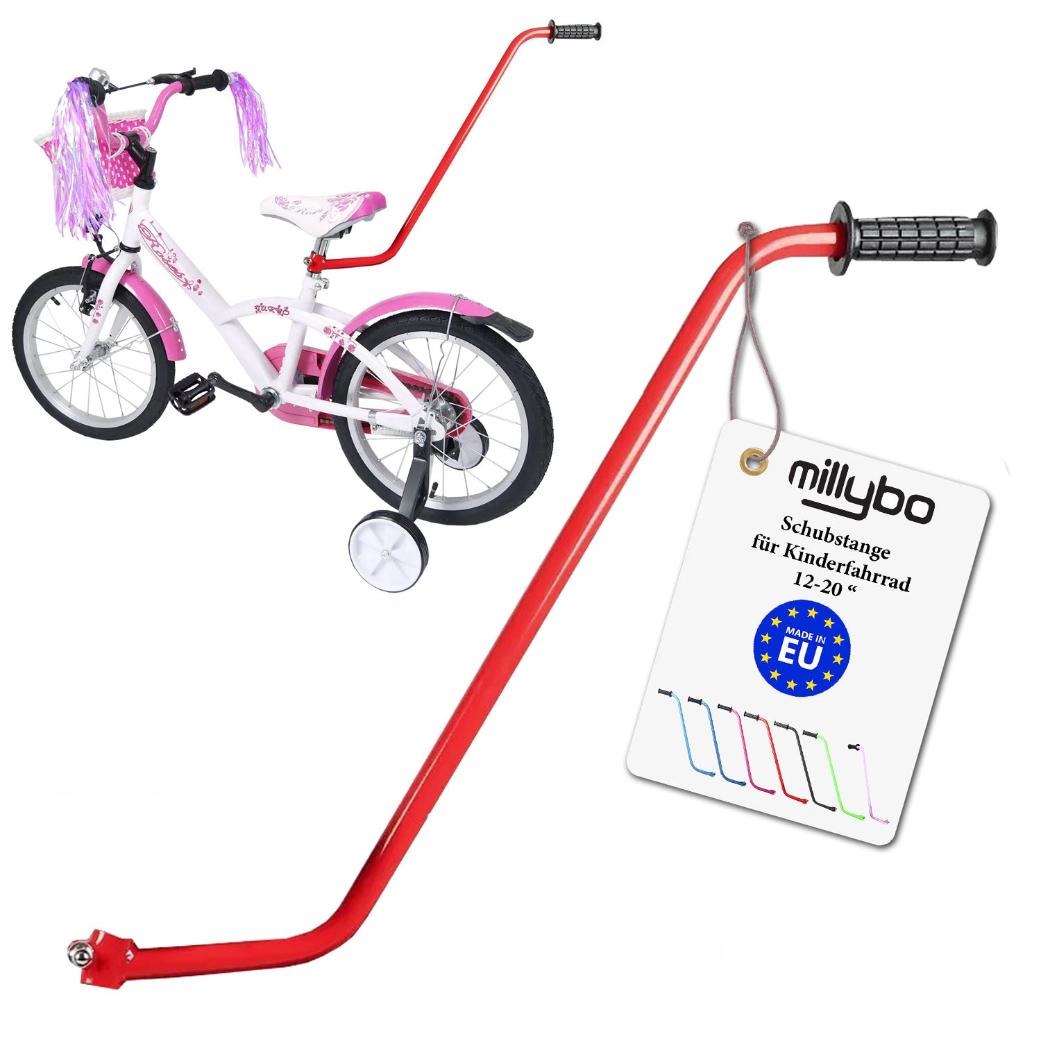MILLYBO Universelle Schubstange für Kinderfahrrad 12–20" – Mehr Kontrolle & Sicherheit für Eltern: Rot