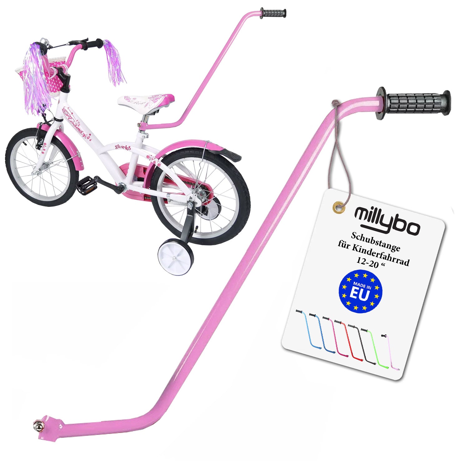 MILLYBO Universelle Schubstange für Kinderfahrrad 12–20" – Mehr Kontrolle & Sicherheit für Eltern: Lila