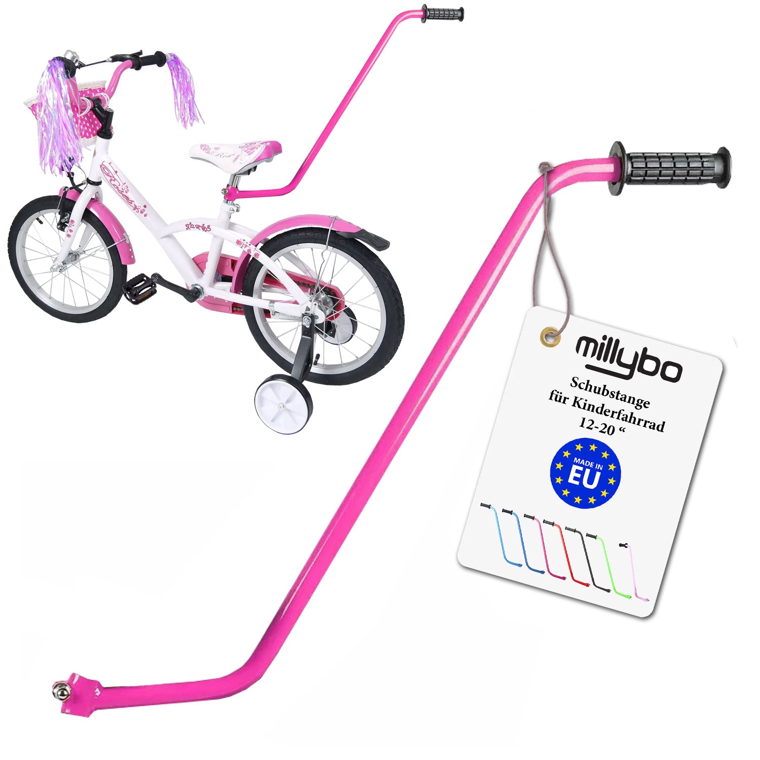 MILLYBO Universelle Schubstange für Kinderfahrrad 12–20" – Mehr Kontrolle & Sicherheit für Eltern: Rosa